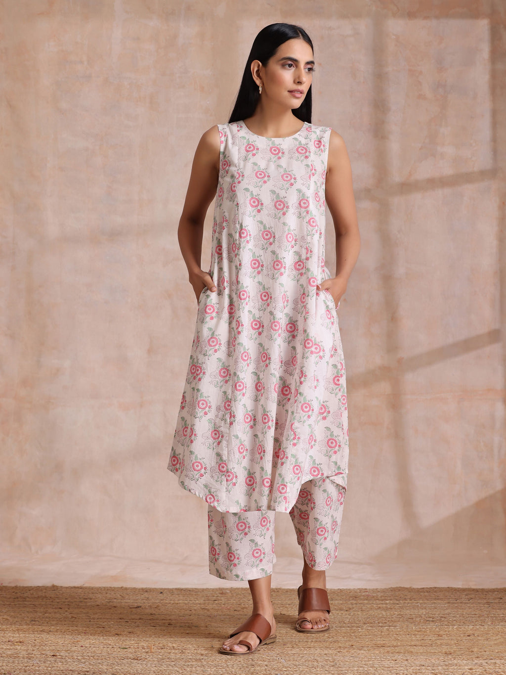 trueBrowns Pink Green Buta On White Block Print Cotton High-Low Co-Ord Set