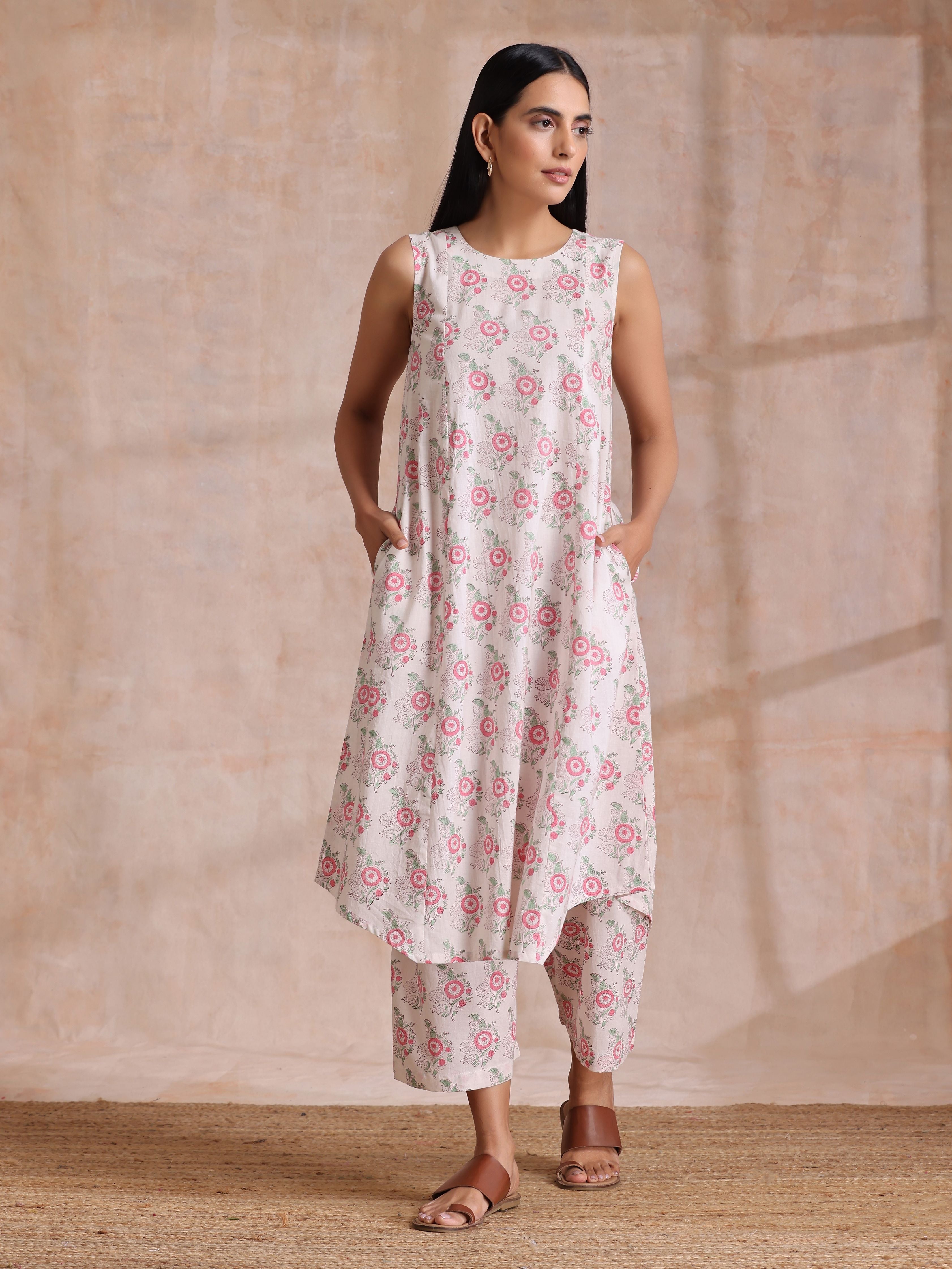 trueBrowns Pink Green Buta On White Block Print Cotton High-Low Co-Ord Set