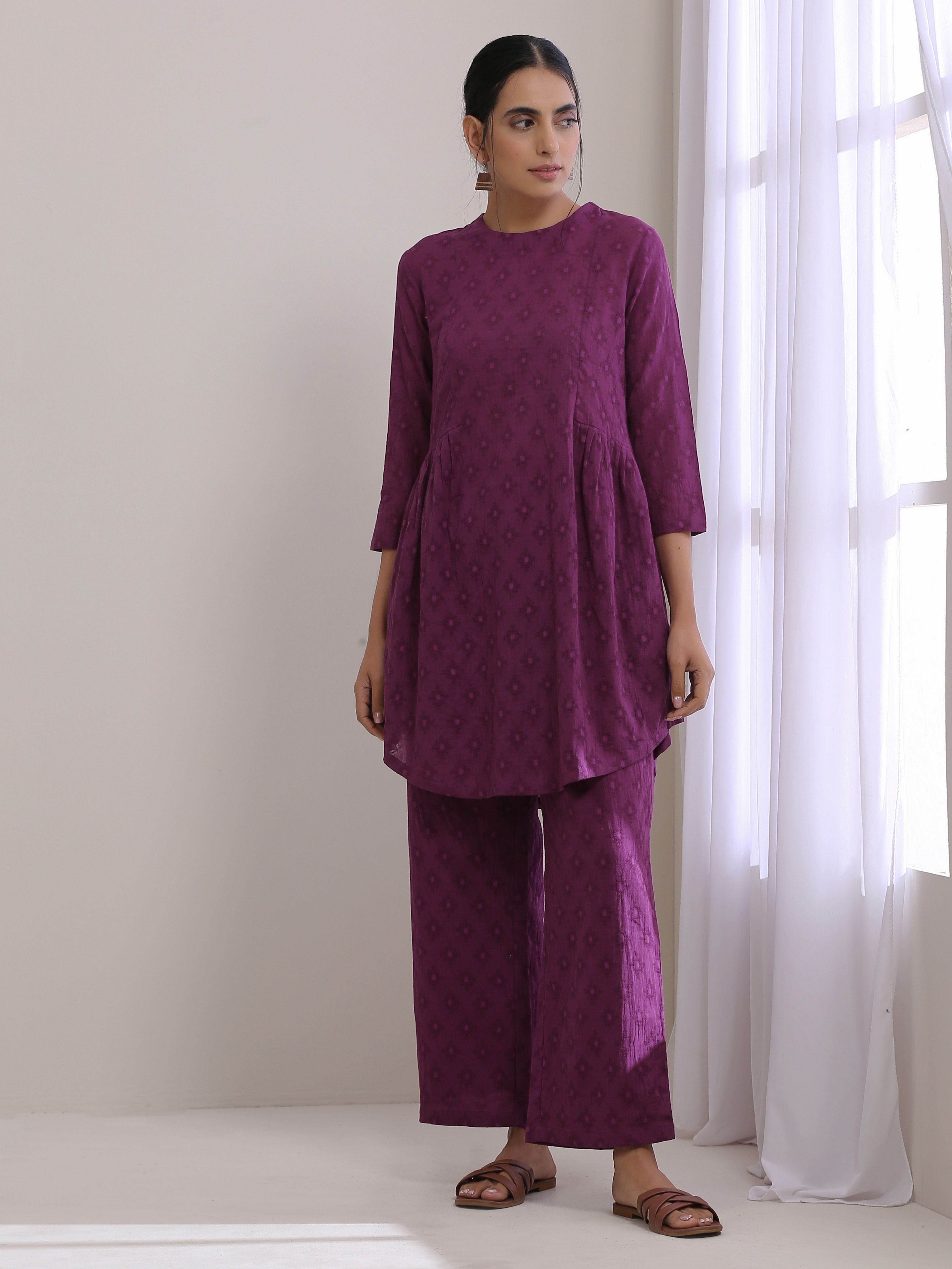 trueBrowns Plum Purple Dobby Gathers Co-Ord Set