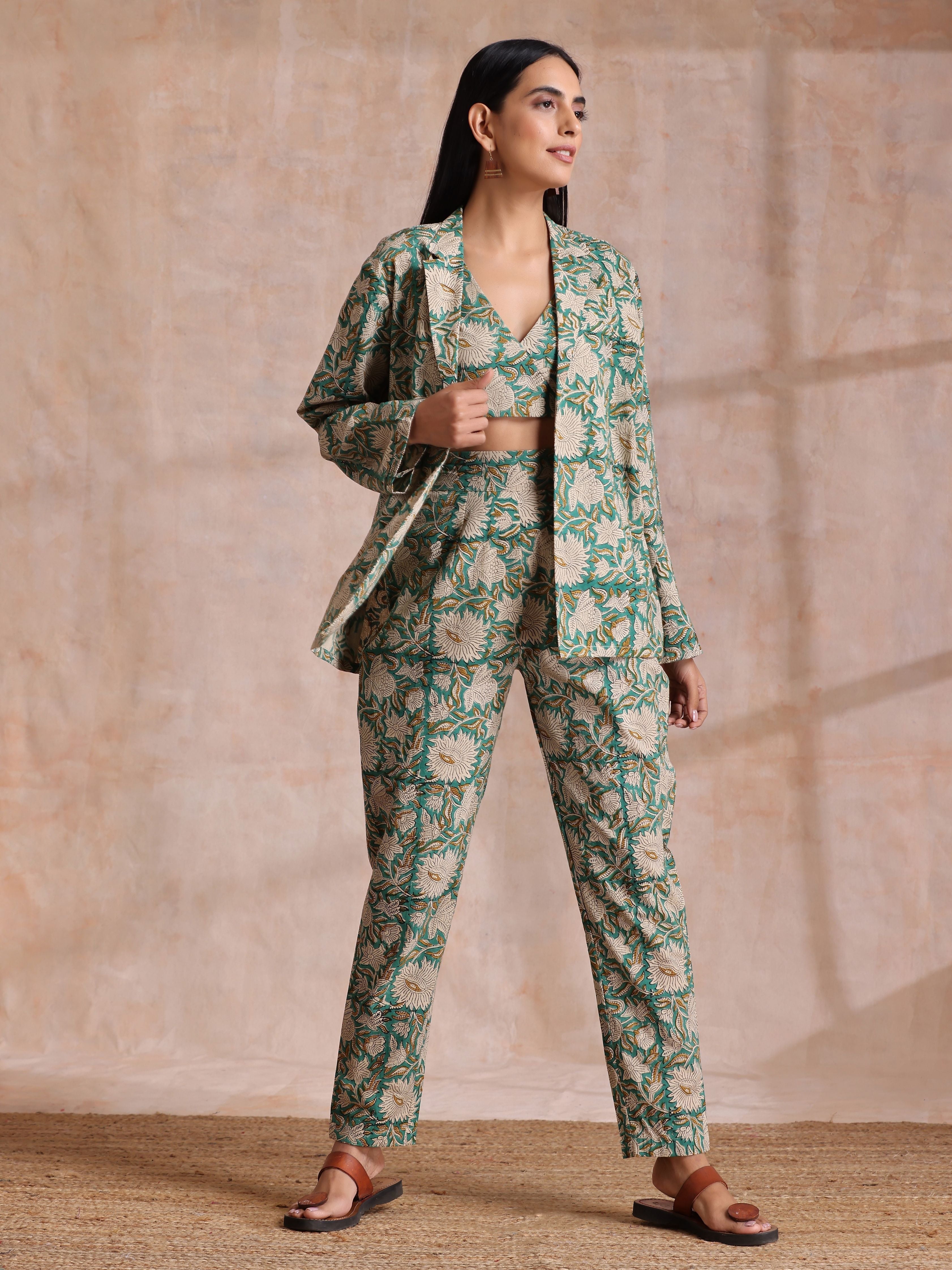 trueBrowns Fern Green Overall Floral Block Print Cotton Pant Suit Set
