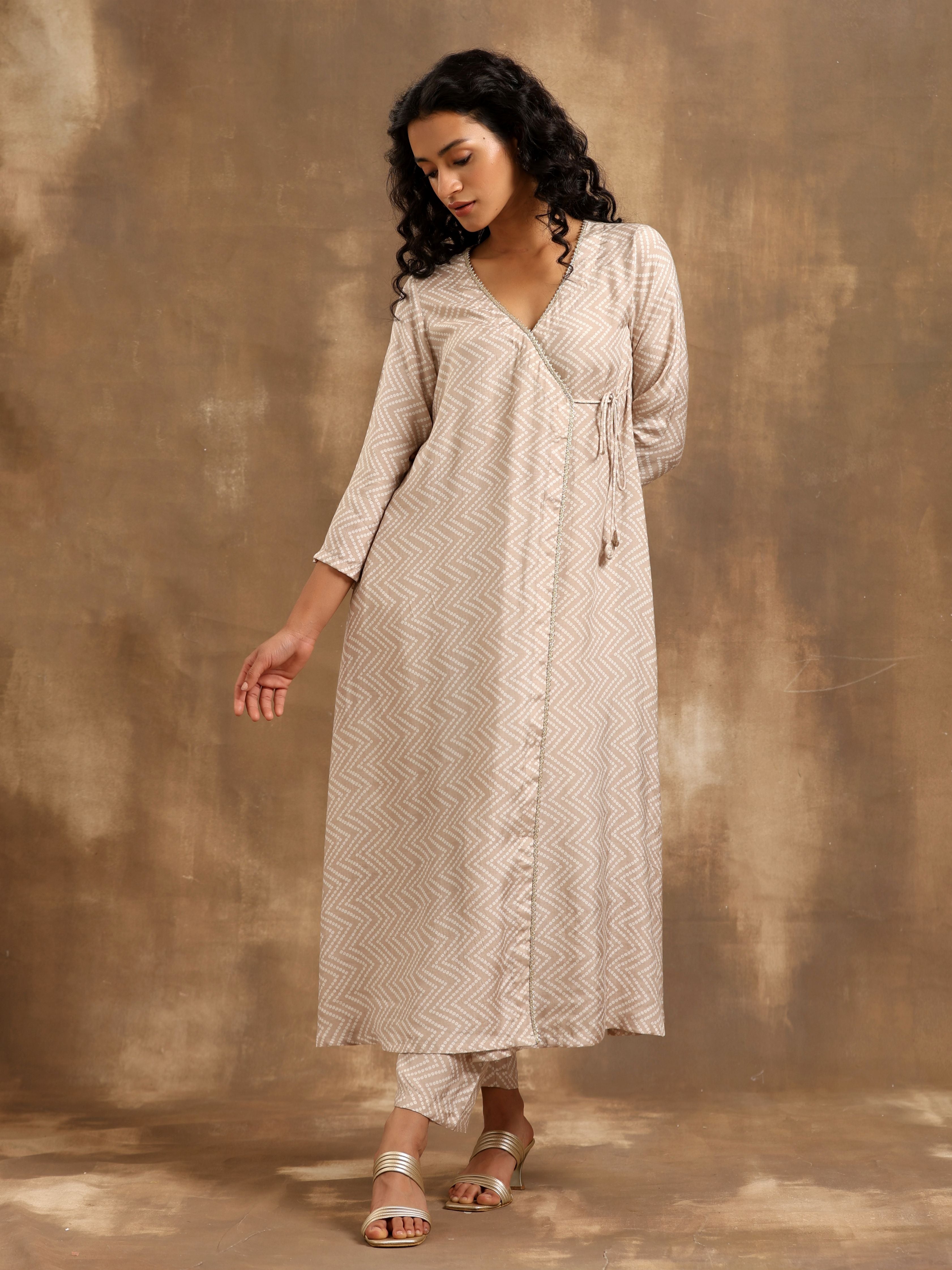 trueBrowns Beige Zig-Zag Print Silk Angrakha Kurta Pant Set