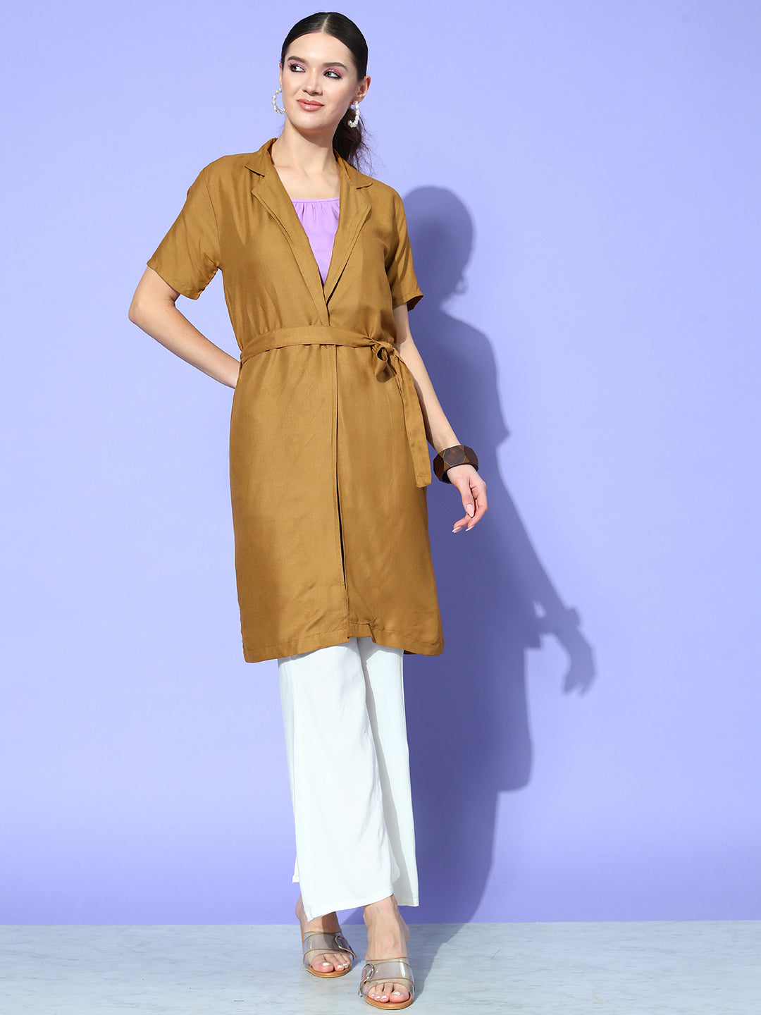 InWeave Women's Camel Brown Cream Pant Coord Set With Mauve Crop Top