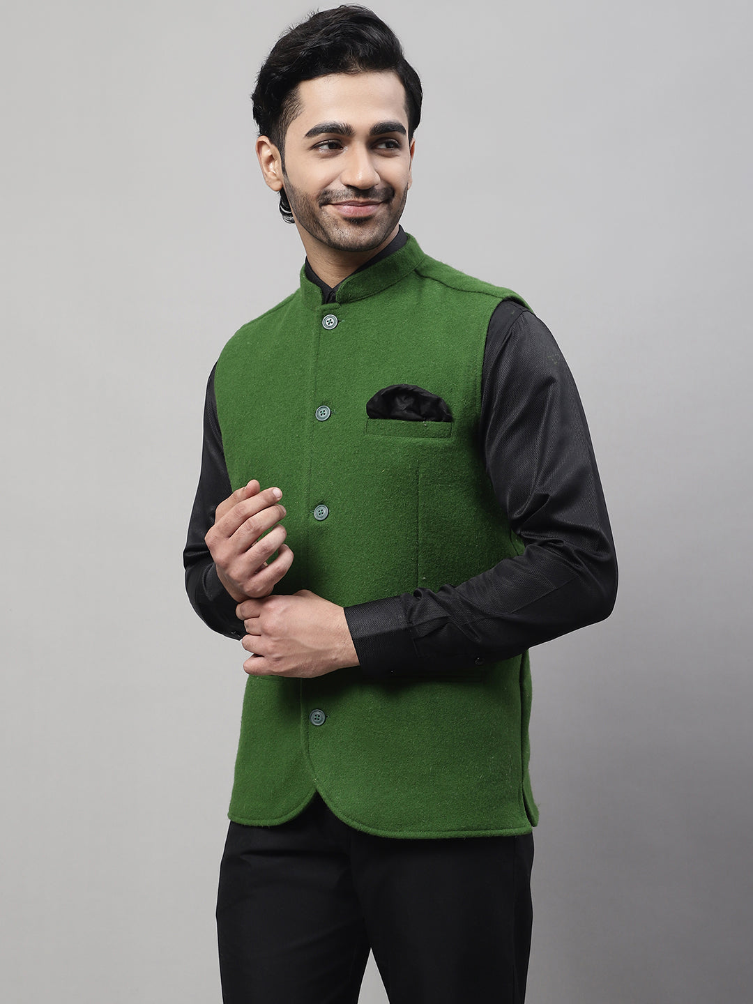 Even Apparels Men's Green Pure Wool Nehru Jacket