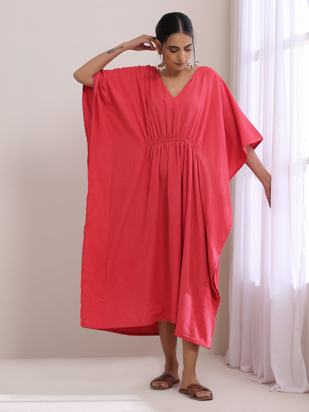 trueBrowns Bright Pink Dobby Kaftan Dress