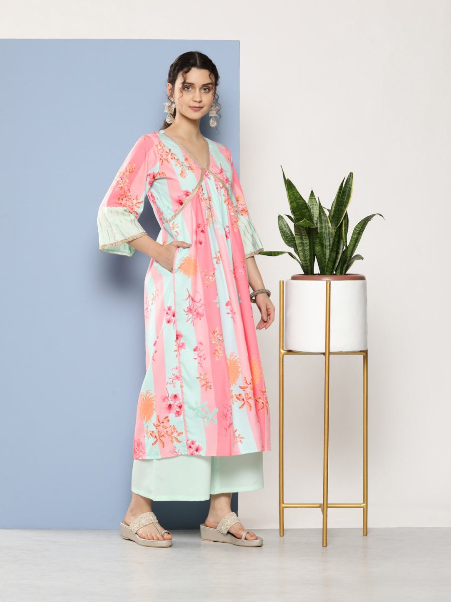 Ahalyaa Women Floral Printed Pleated Gotta Patti Kurta With Palazzos