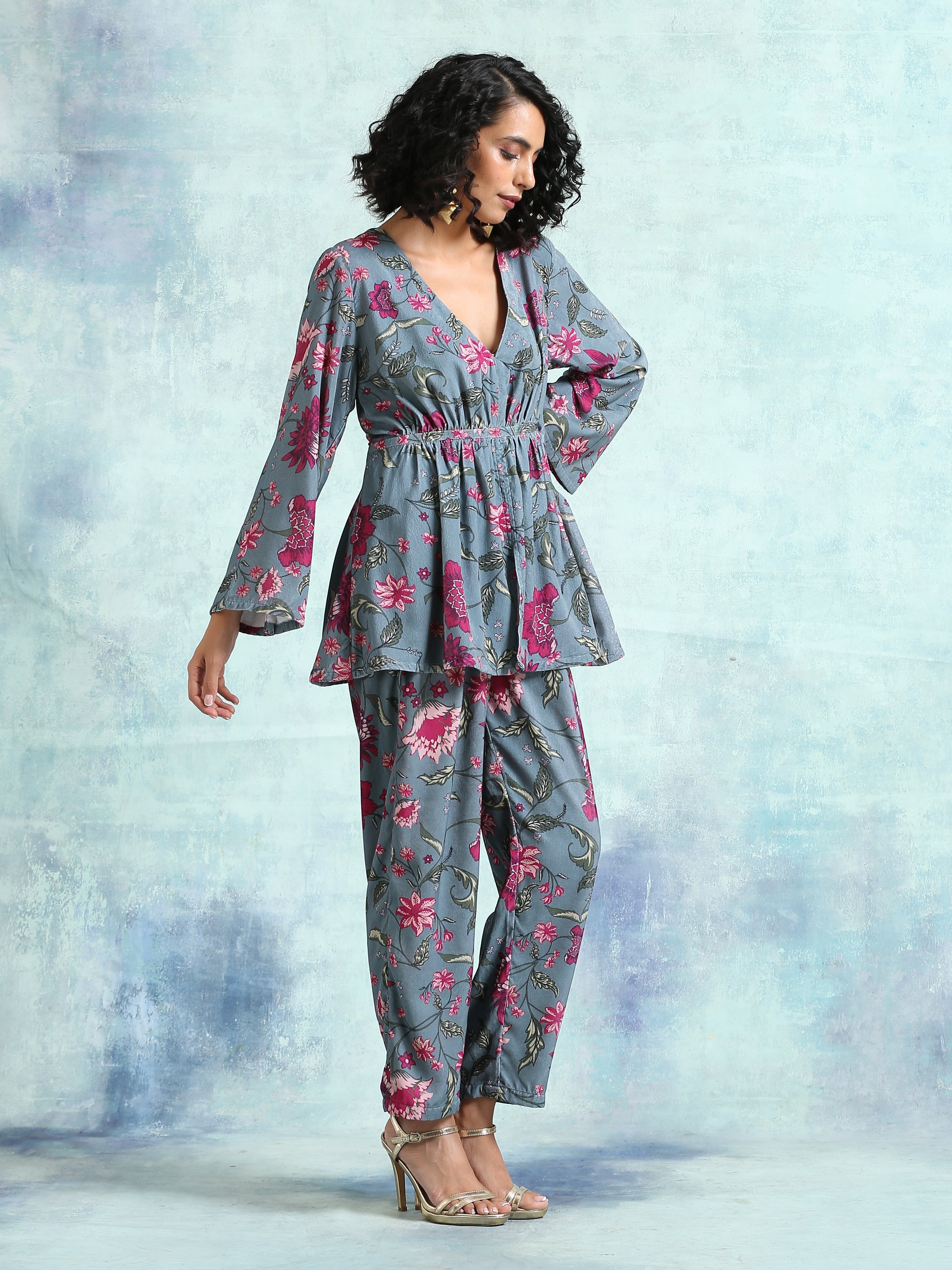 trueBrowns Grey Printed Velvet Co-Ord Set
