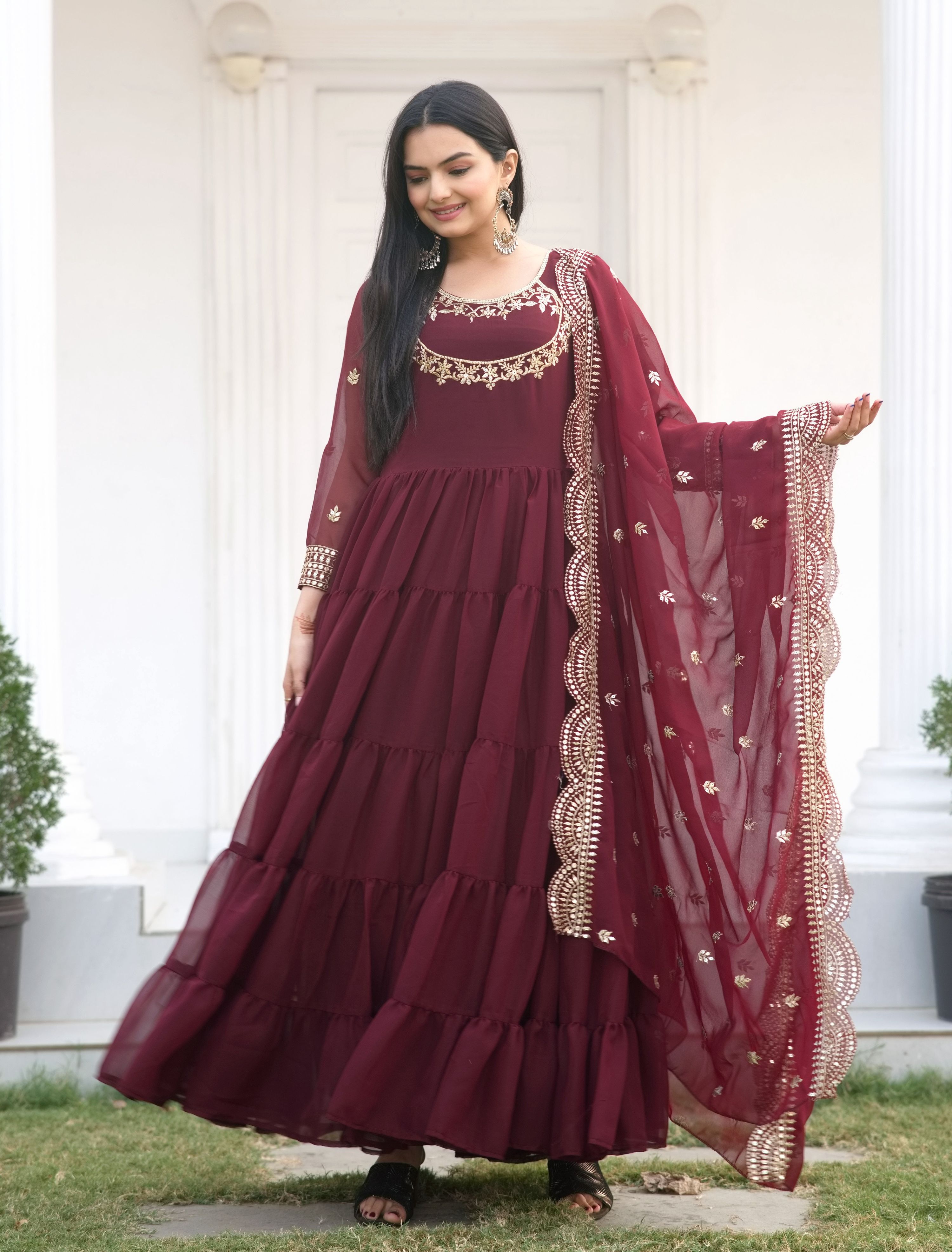 Yash Enterprise Designer Georgette Sequence Embroidery Maroon Readymade Gown