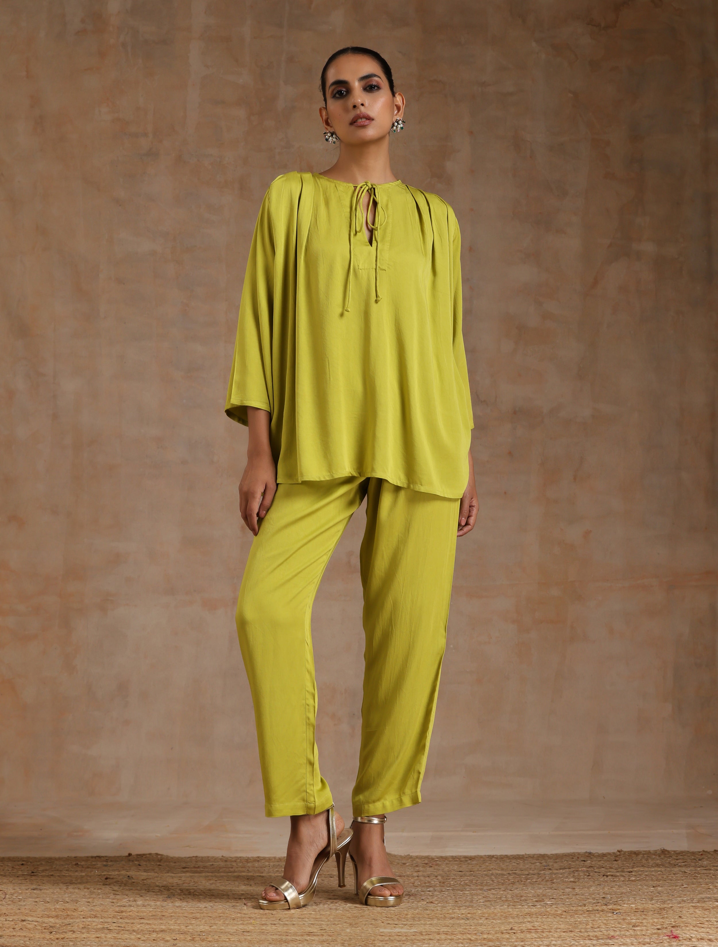 trueBrowns Lime Modal Satin Shoulder Pleat Co-Ord Set