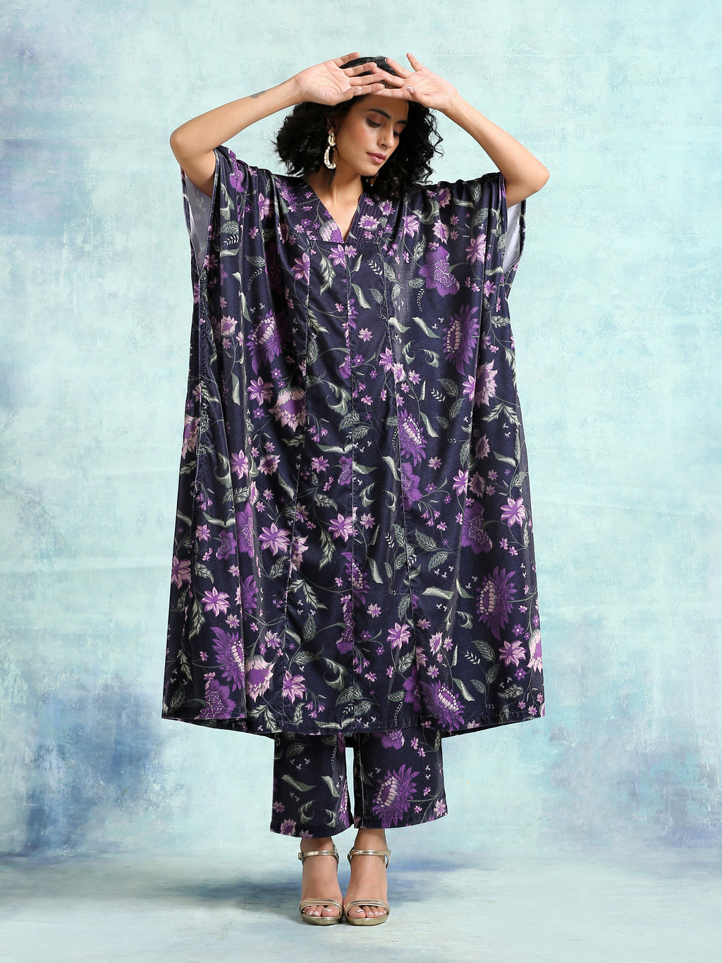 trueBrowns Black Printed Velvet Kaftan Kurta