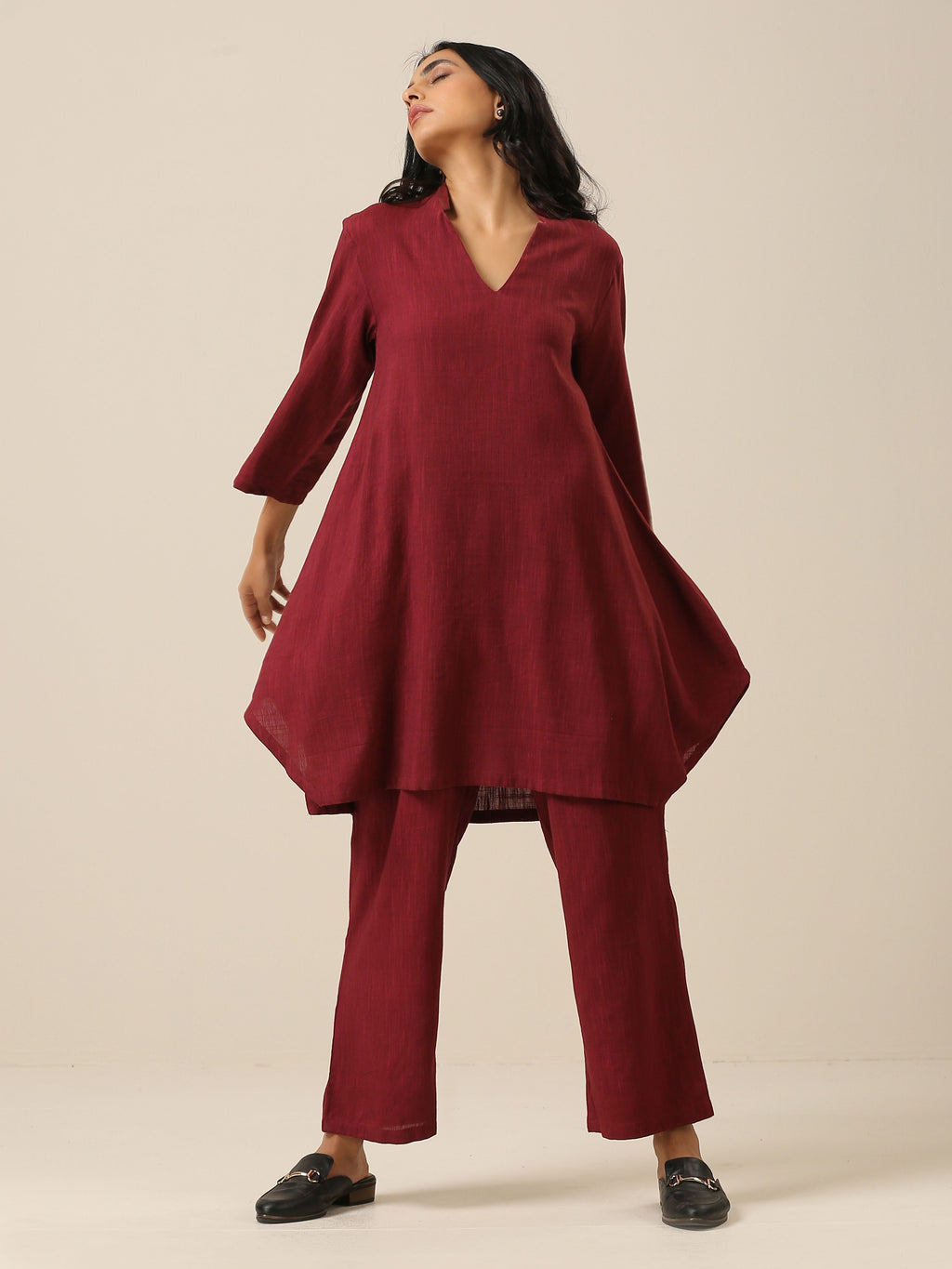 trueBrowns Ruby Wine Slub Textured Collar Co-Ord Set