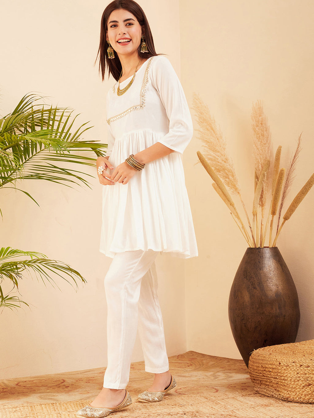 InWeave Women's White Round Neck Square Gota Work Kurta Pant Set
