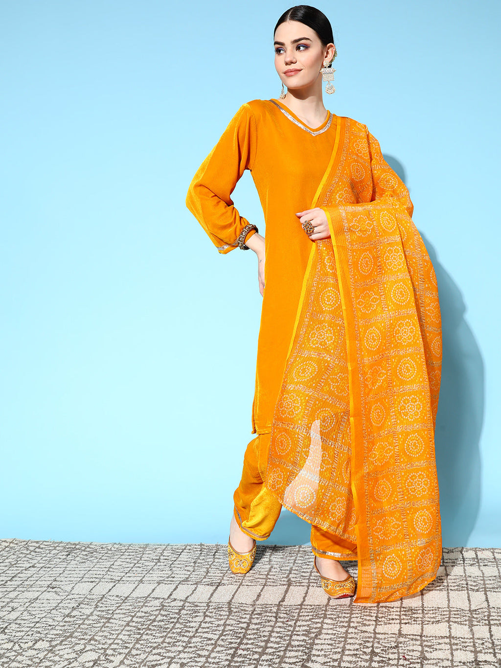 InWeave Women's Mustard Velvet Kurta Set With Mustard Kota Bandhani Dupatta