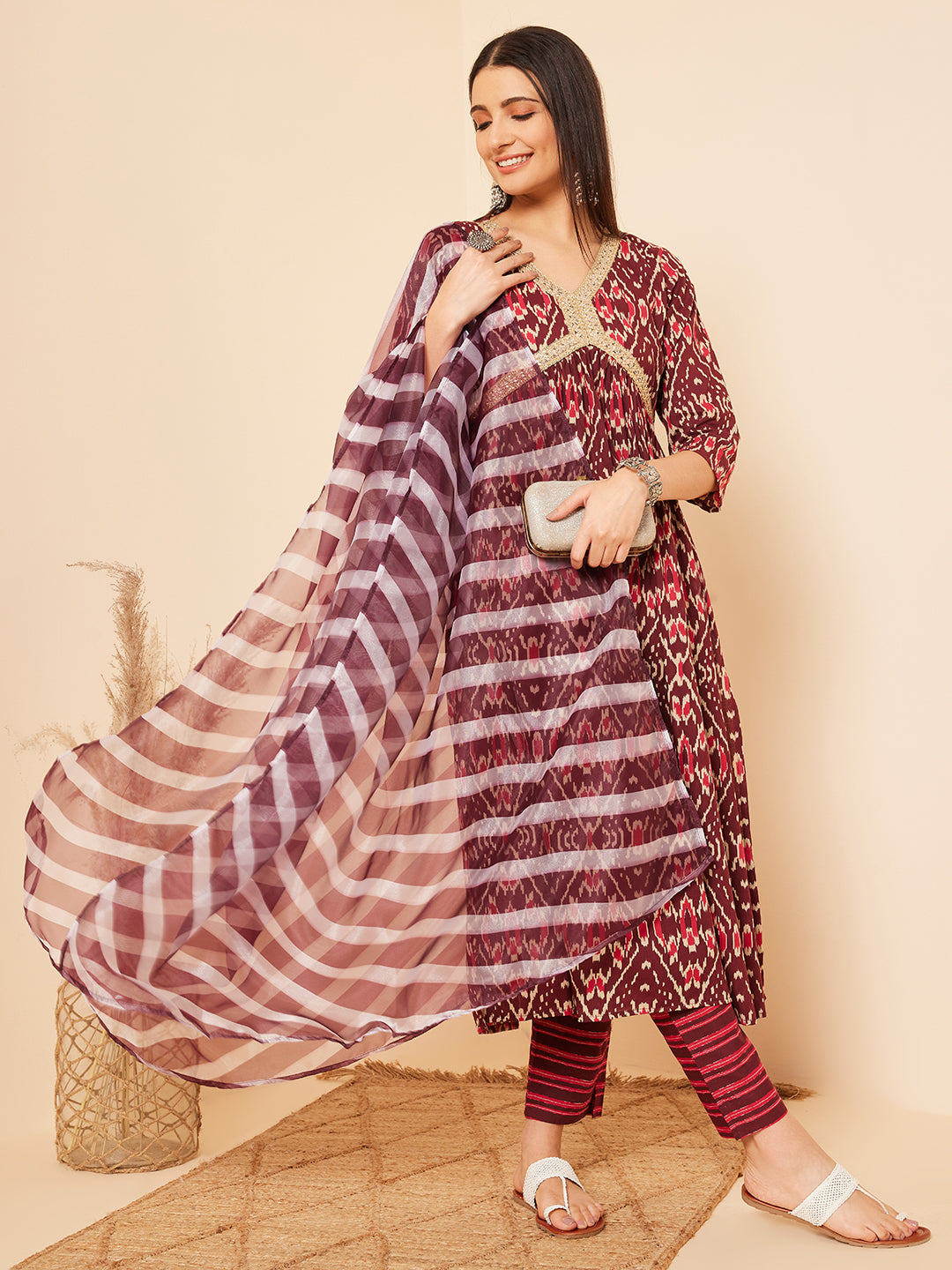 InWeave Women's Wine Ikkat Print Alia Cut Gota Work Kurta Set W Wine Leh Dup