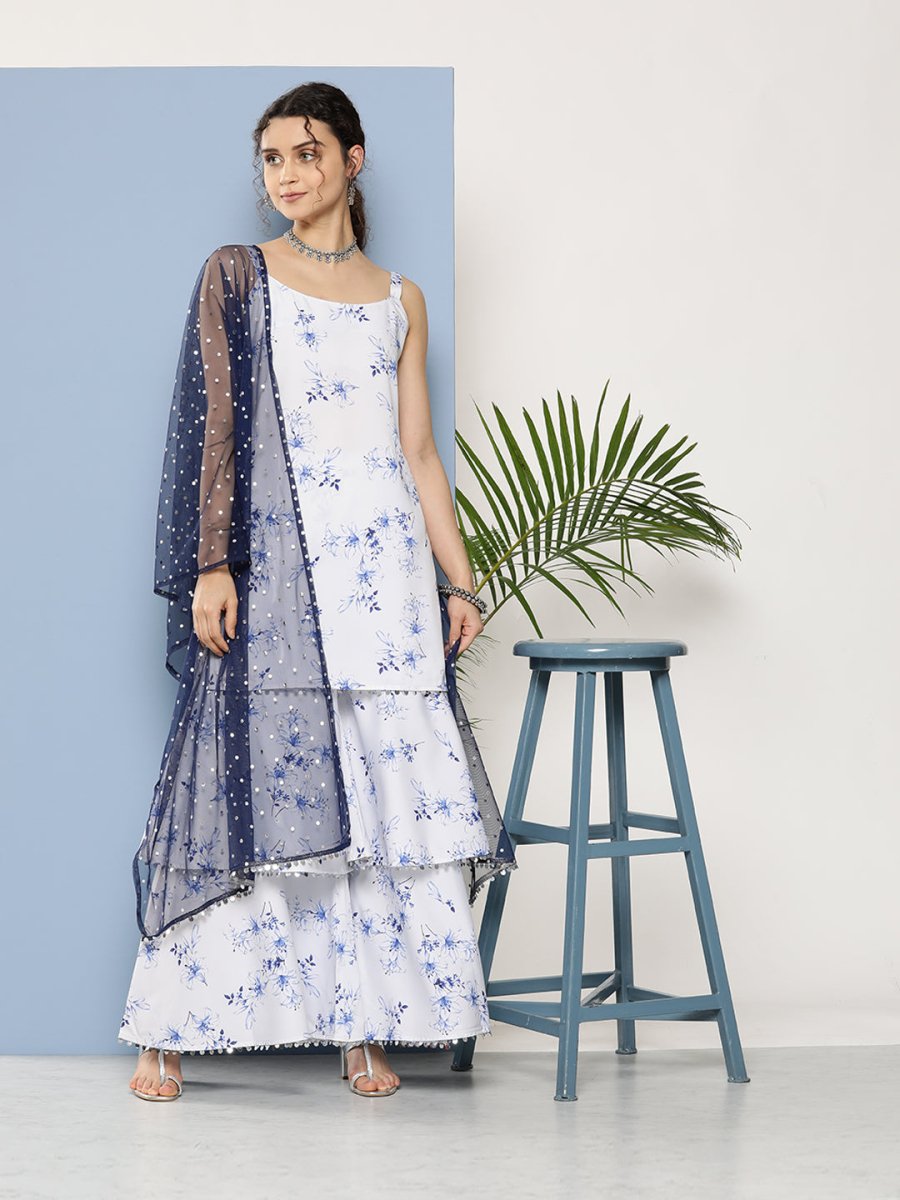 Ahalyaa Women White Floral Printed Sequinned Kurta with Sharara & With Dupatta