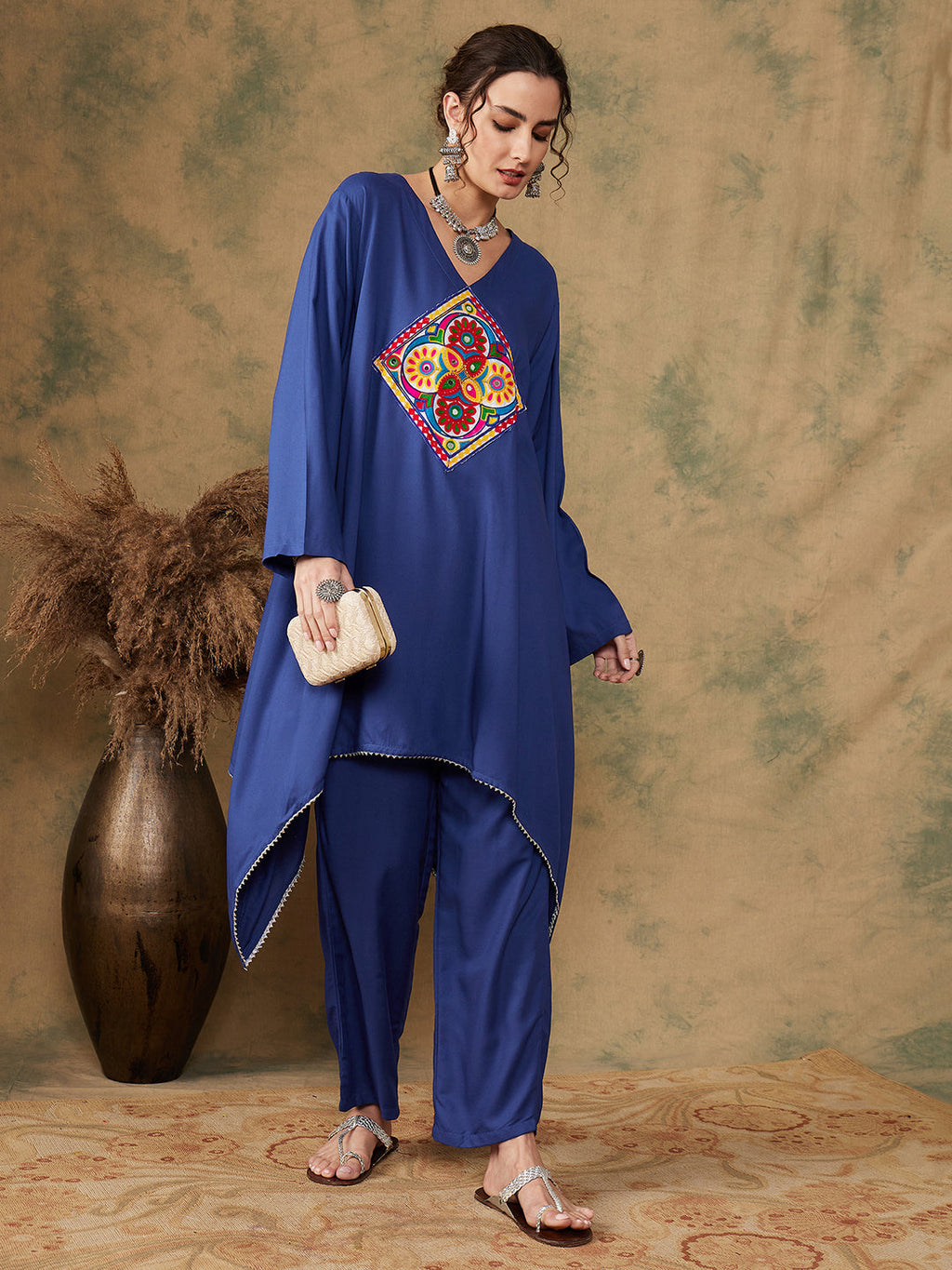 InWeave Women's Ink Blue Square Yellow Patch Work Assymentrical Kurta Set