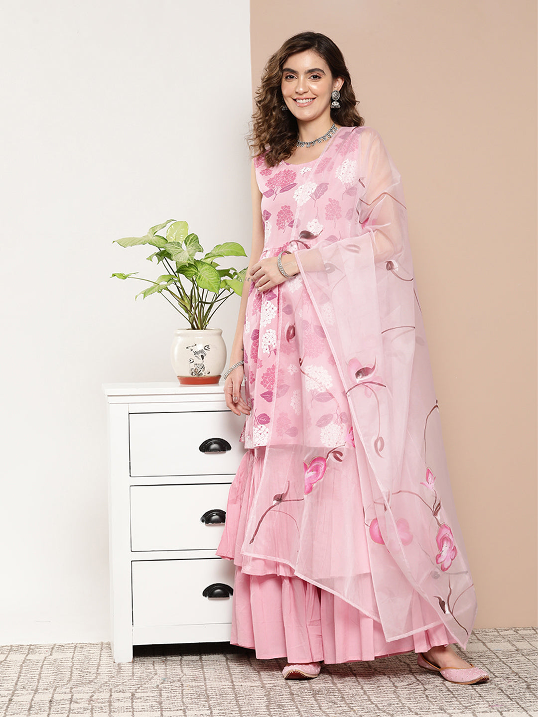 InWeave Women's Pink Printed Chintz Tiered Sharara Set With Dupatta