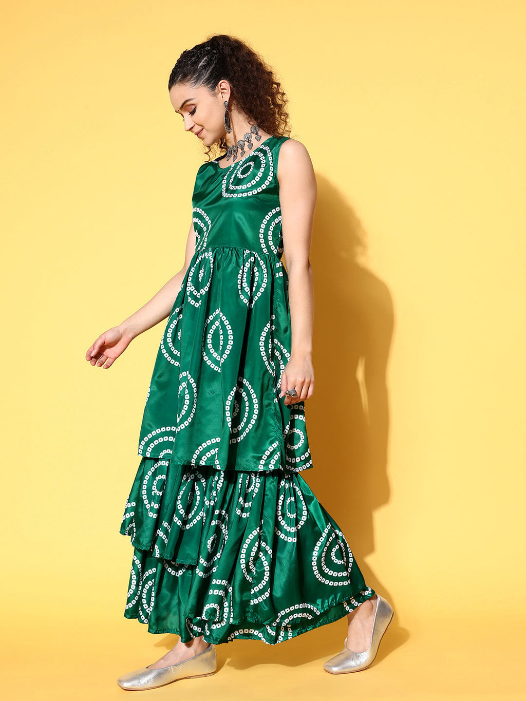 InWeave Women's Green Bandhani Motif Tiered Sharara Set