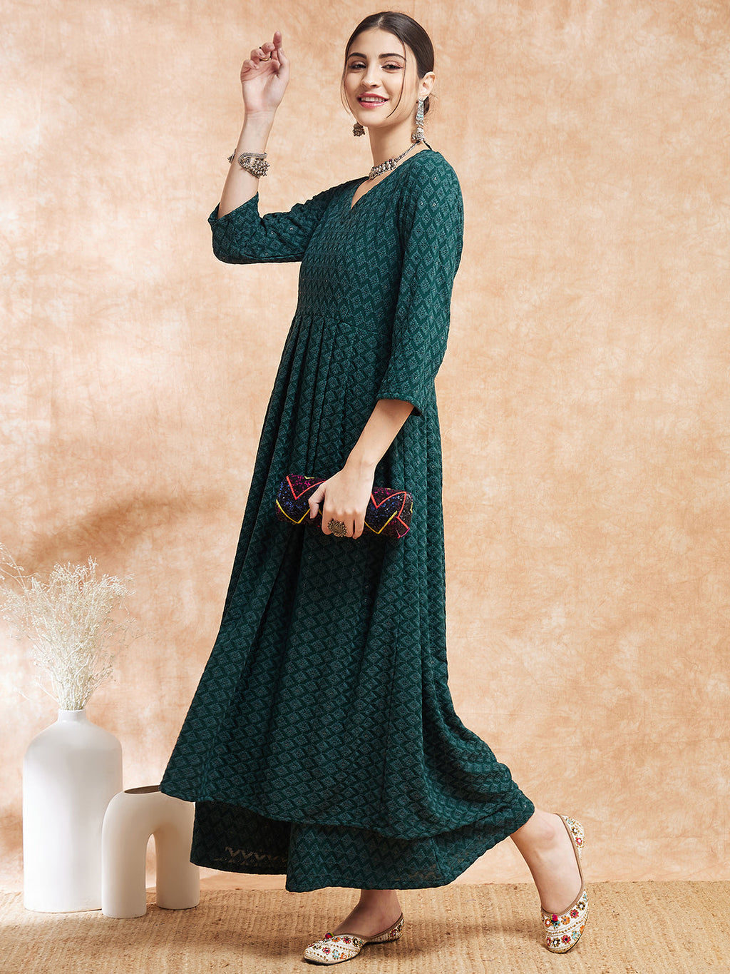 InWeave Women's Forest Green Chikankari Long Anarkali Kurta Sharara Set