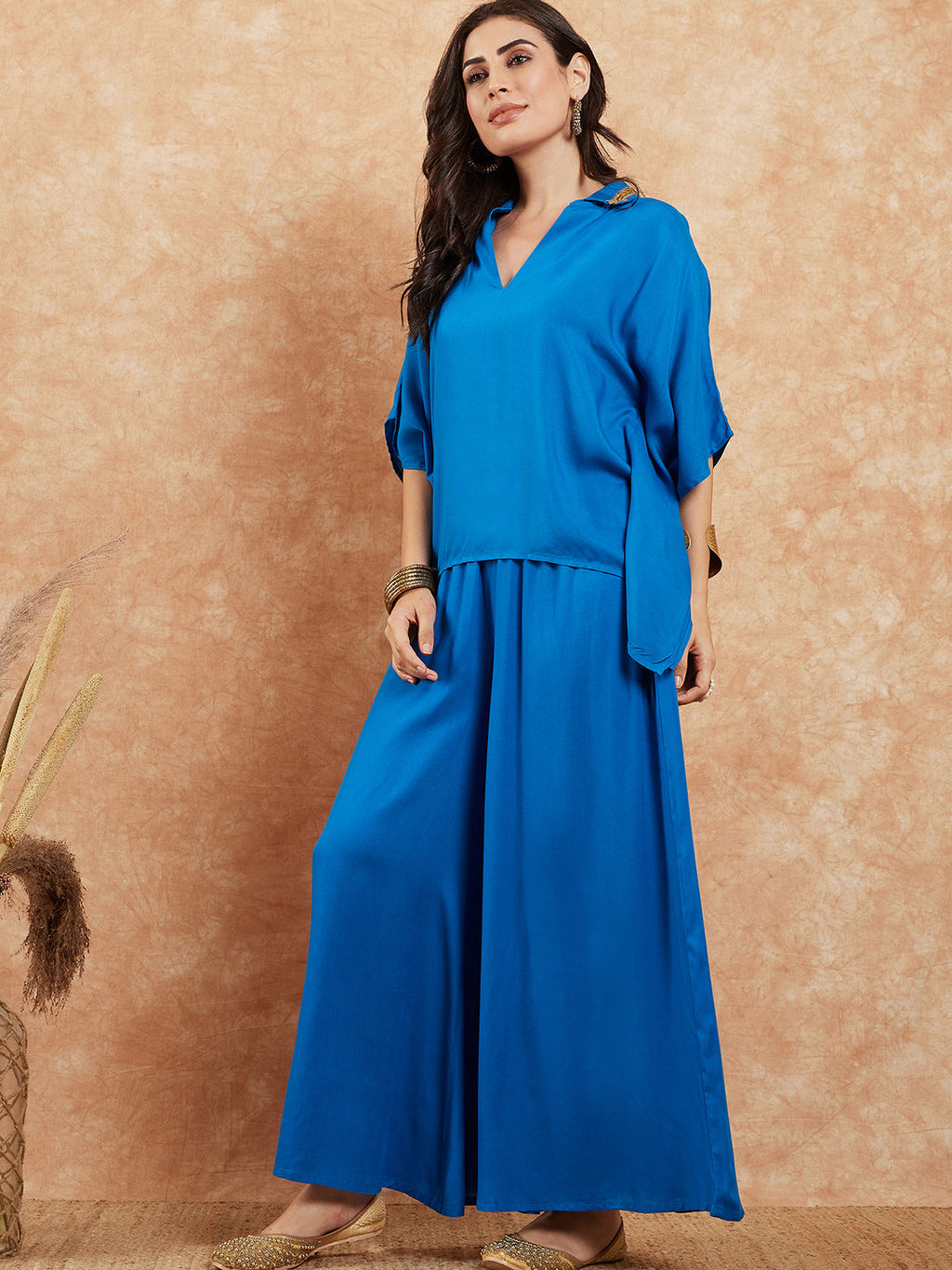 InWeave Women's Ink Blue Solid Collar Neck Boho Top Bottom Set