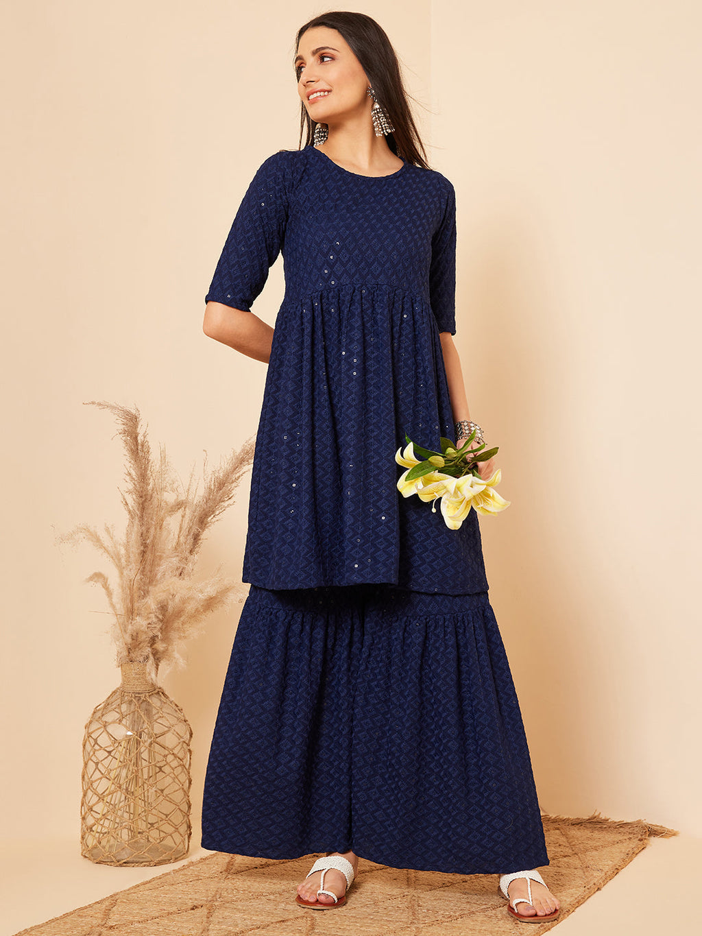 InWeave Women's Royal Blue Chikankari Kurta Set With Sharara