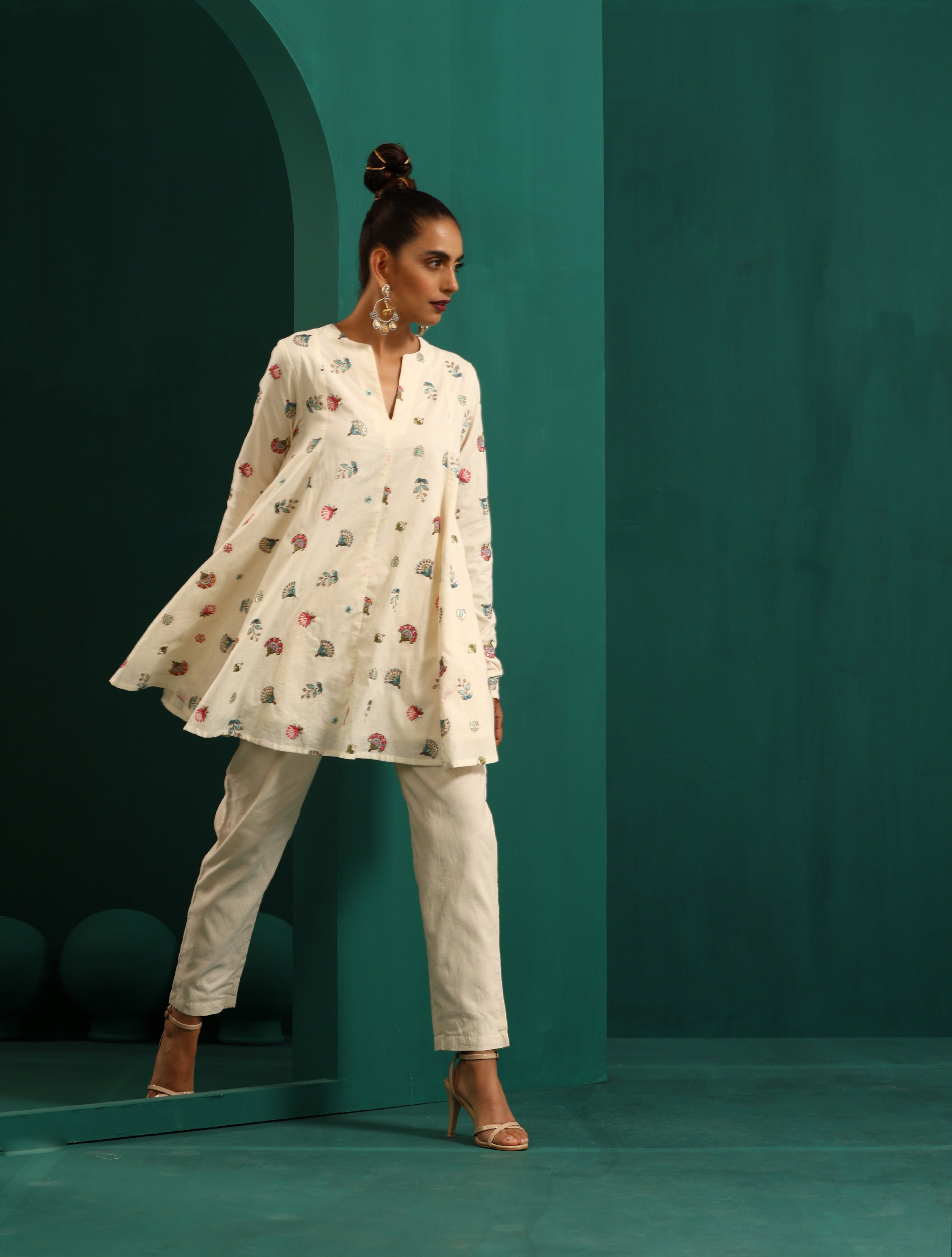 trueBrowns Ivory Multi Color Floral Cotton Flared Co-ord Set