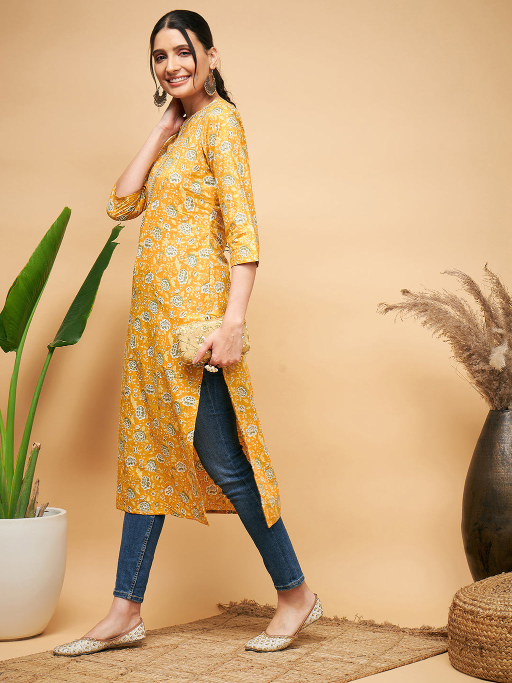 InWeave Women's Yellow Foil Print Gota Straight Kurta