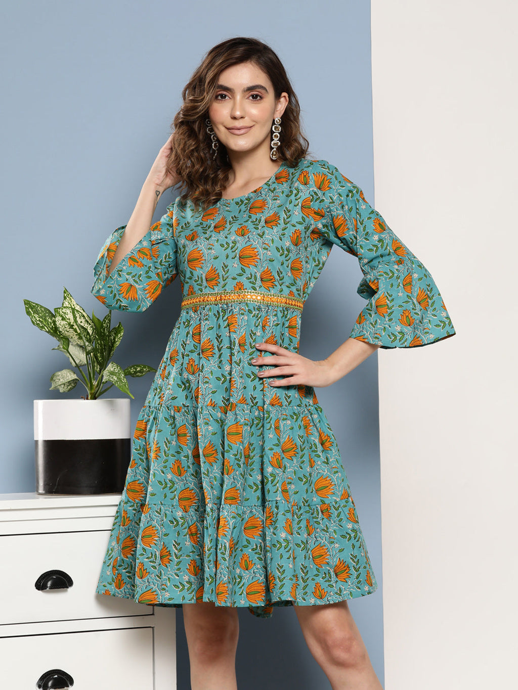 InWeave Women's Blue Mustard Print Short Dress