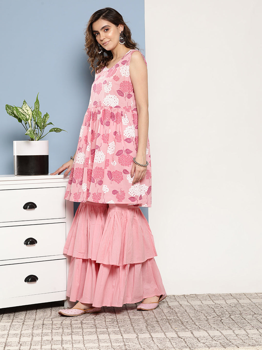 InWeave Women's Pink Printed Chintz Tiered Sharara Set