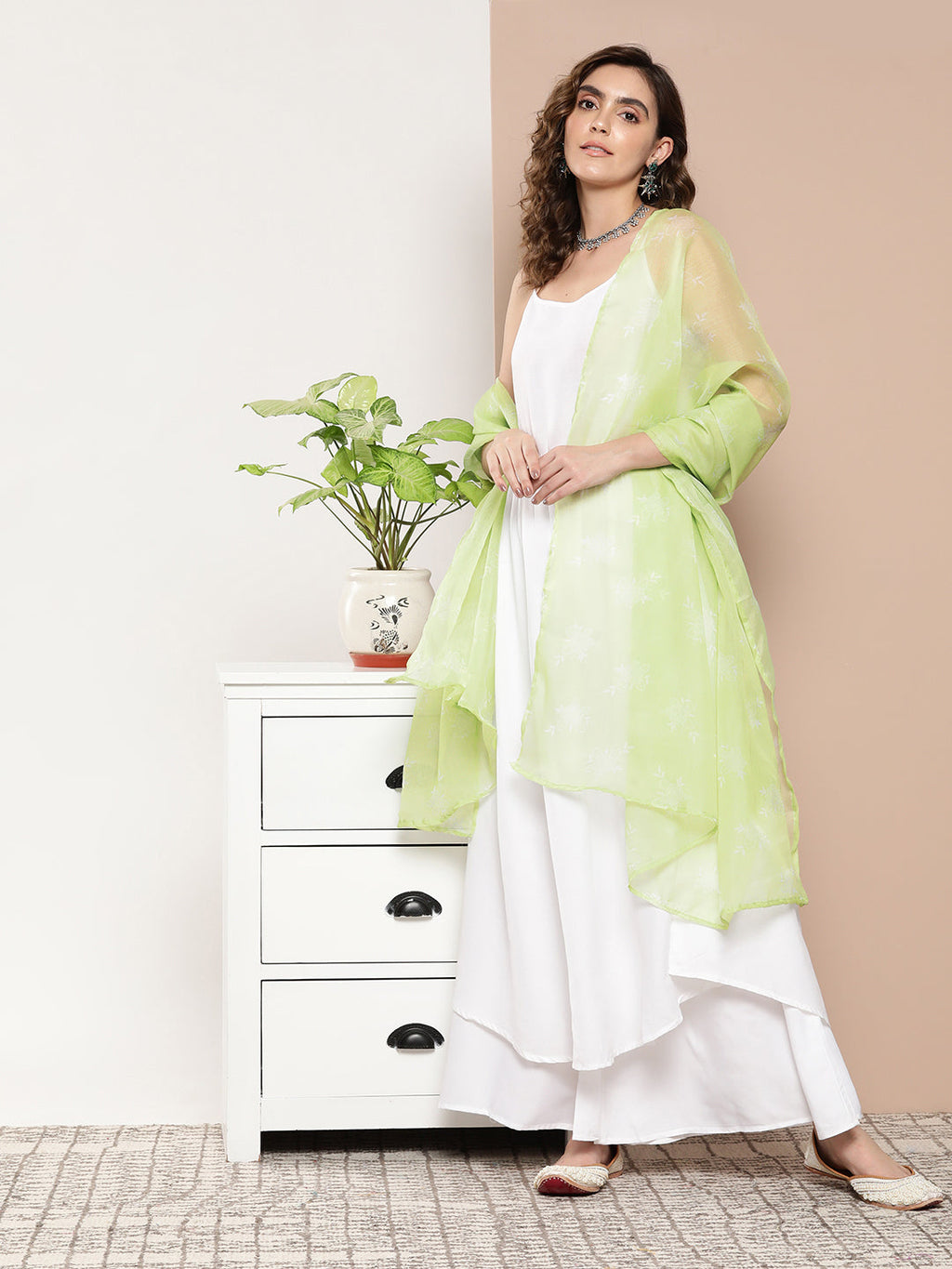 InWeave Women's Cream Strappy With Green White Chintz Organza Dupatta