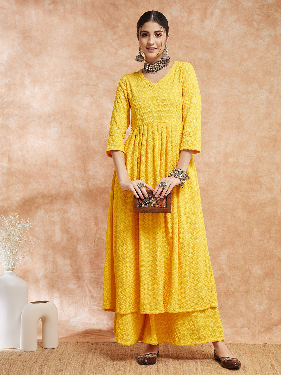 InWeave Women's Butter Yellow Chikankari Long Anarkali Kurta Sharara Set
