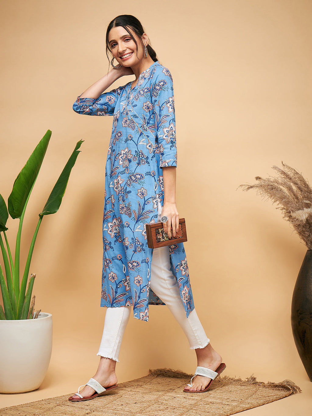 InWeave Women's Skyblue Pink Floral Angrakha Straight Kurta