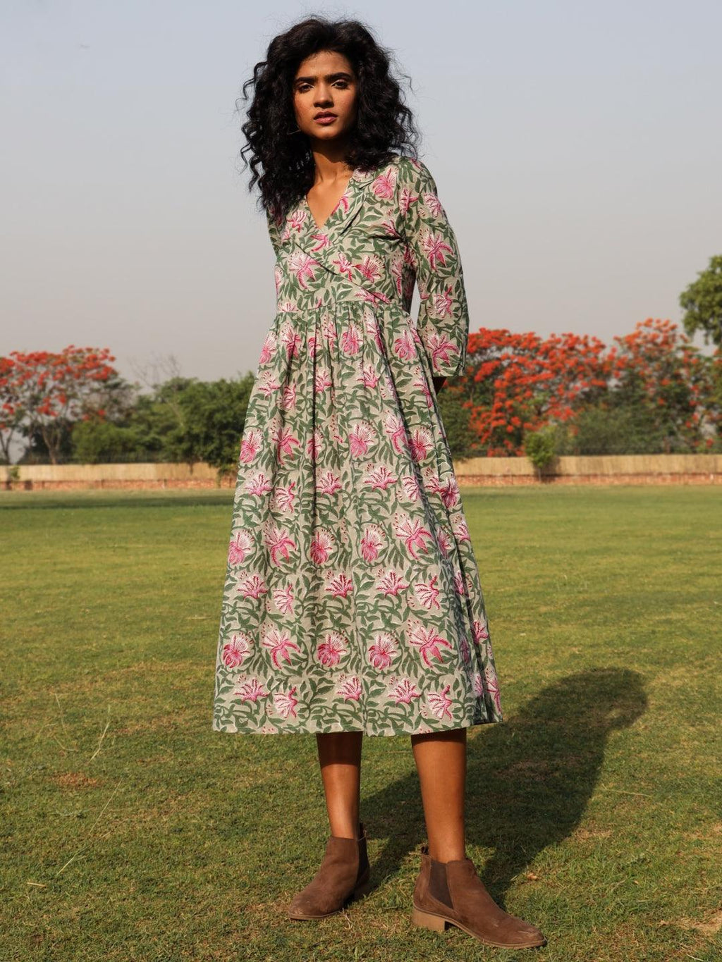 trueBrowns Sage Cotton Block Print Lapel Collared Dress
