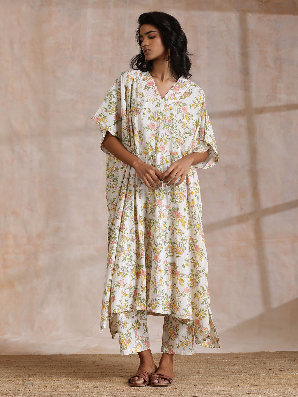 trueBrowns Pink Yellow Floral On White Block Print Cotton Panel Kaftan Kurta Pant Set