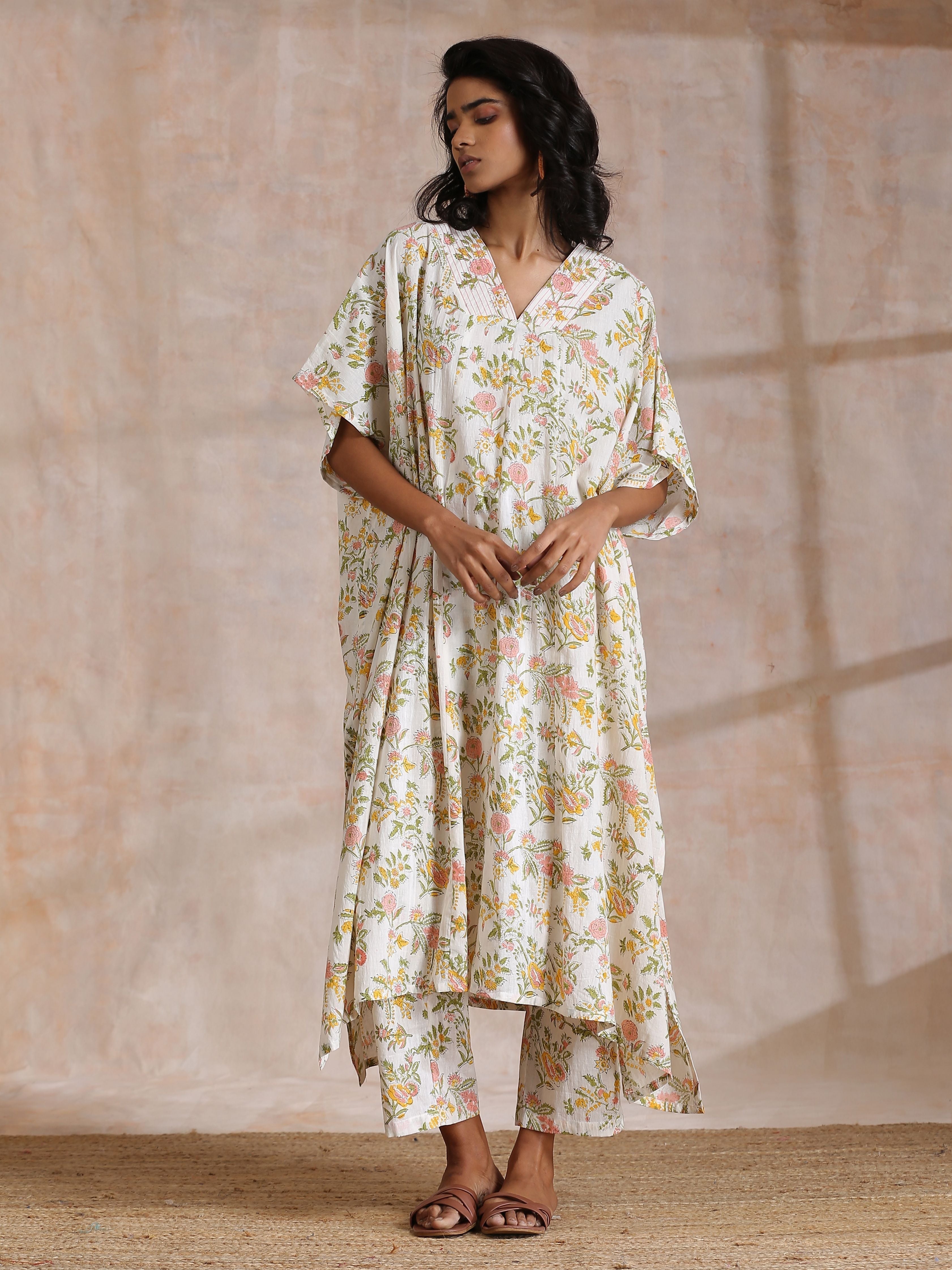 trueBrowns Pink Yellow Floral On White Block Print Cotton Panel Kaftan Kurta Pant Set
