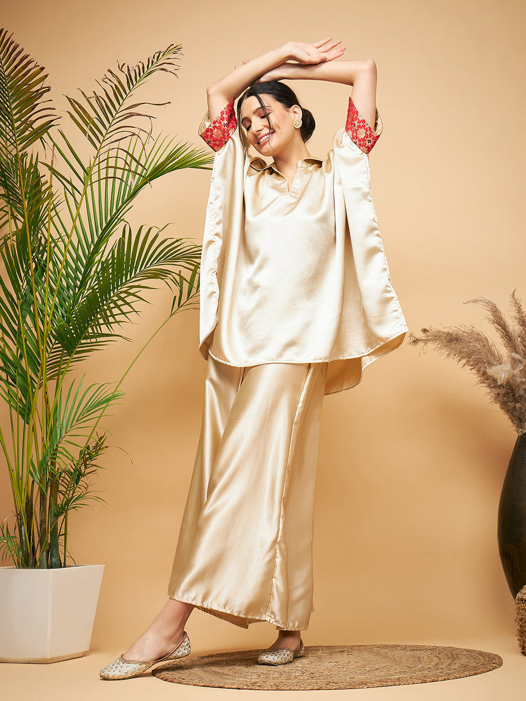InWeave Women's Beige Red Brocade Boho Satin Top W Palazzo Set