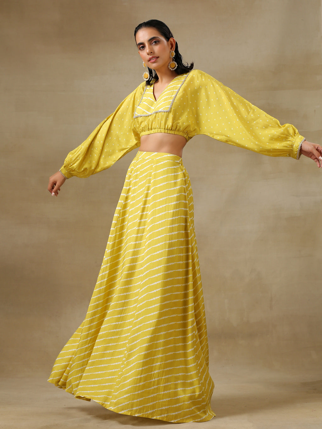 trueBrowns Lime Green Bandhani Printed Silk Top Skirt Set