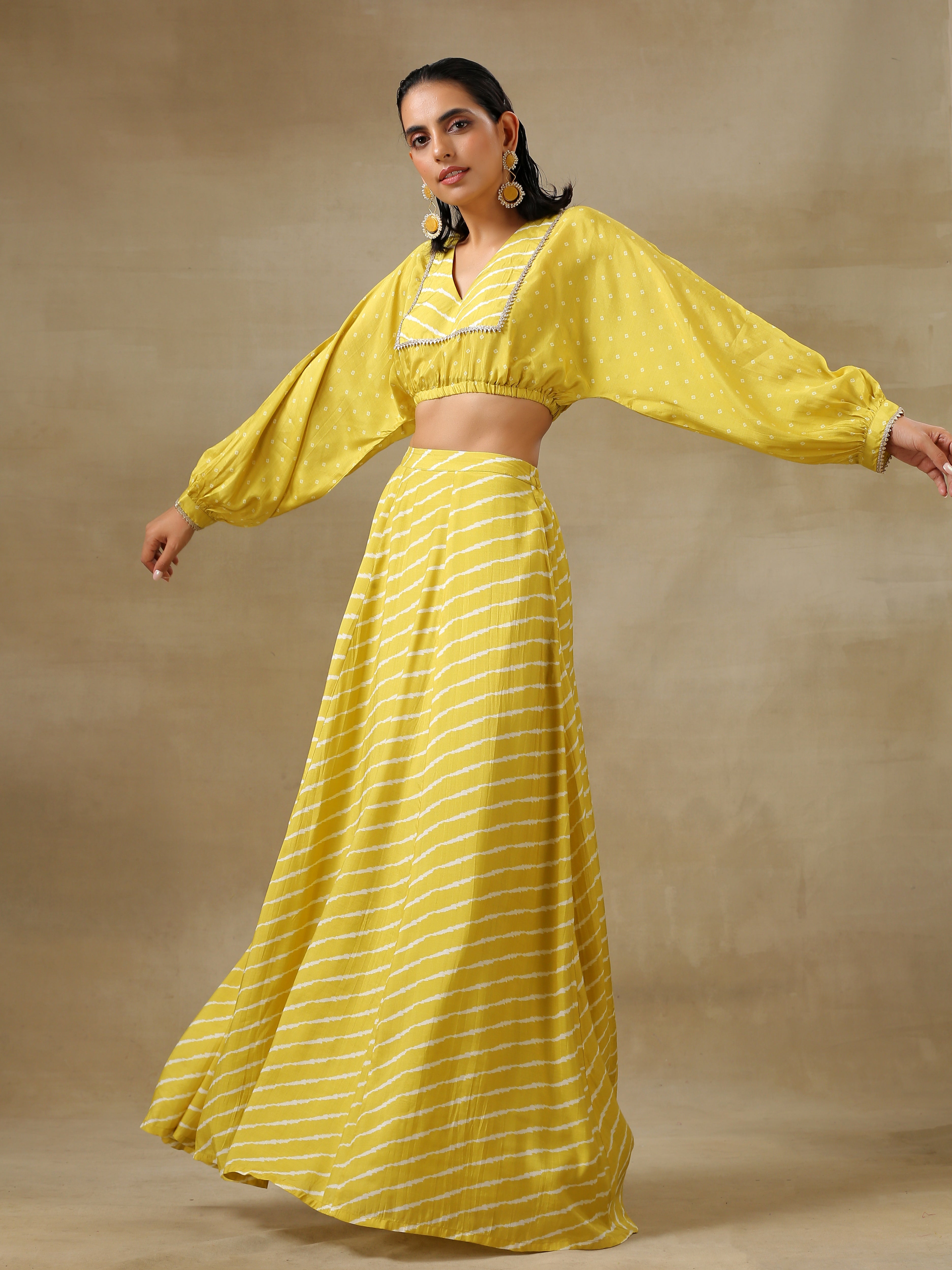 trueBrowns Lime Green Bandhani Printed Silk Top Skirt Set
