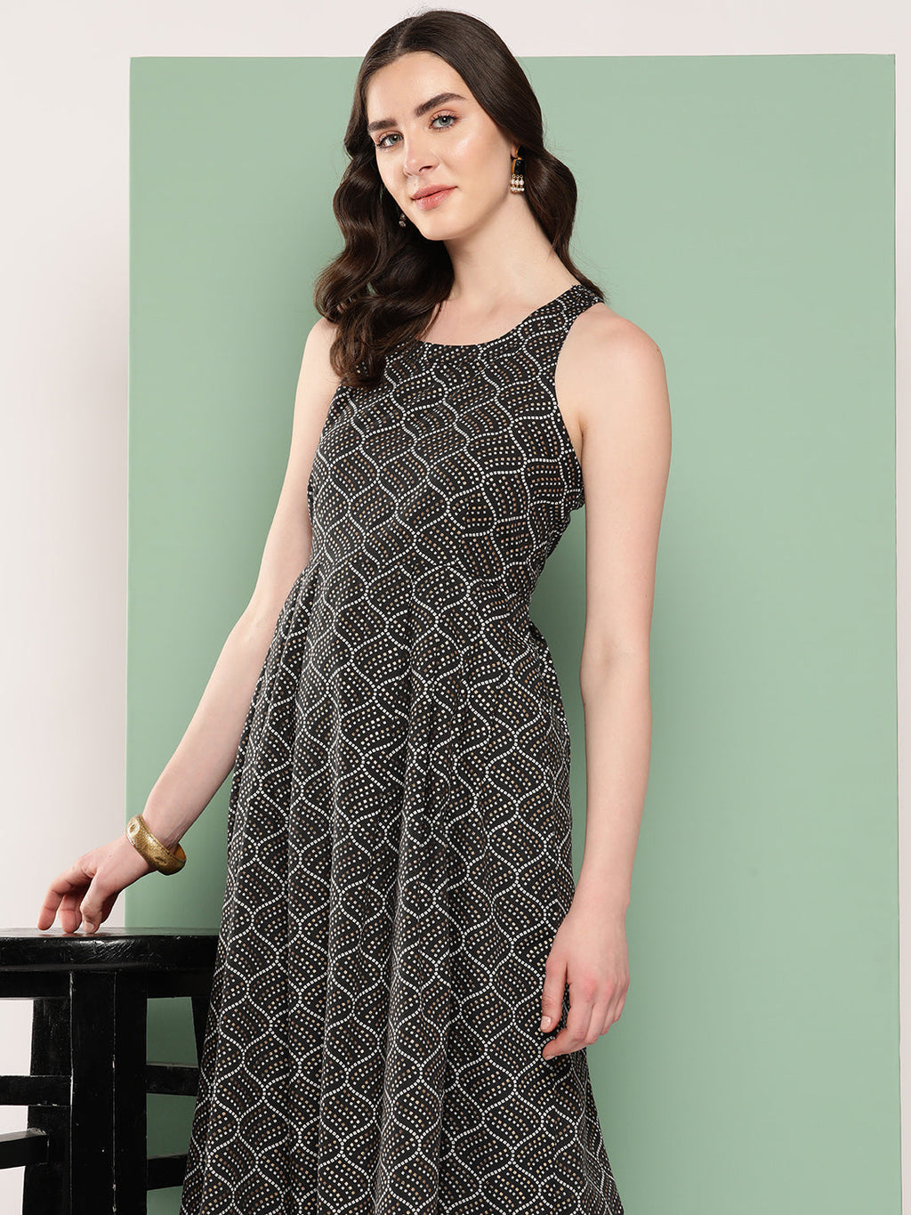 InWeave Women's Black Bandhej Print Raisa Back Detial Long Coords Set