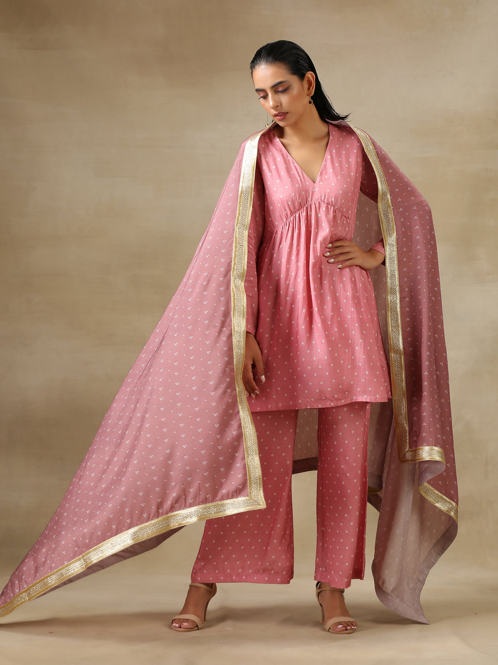 trueBrowns Light Mauve Bandhani Printed Silk Flared Kurta Pant Dupatta Set