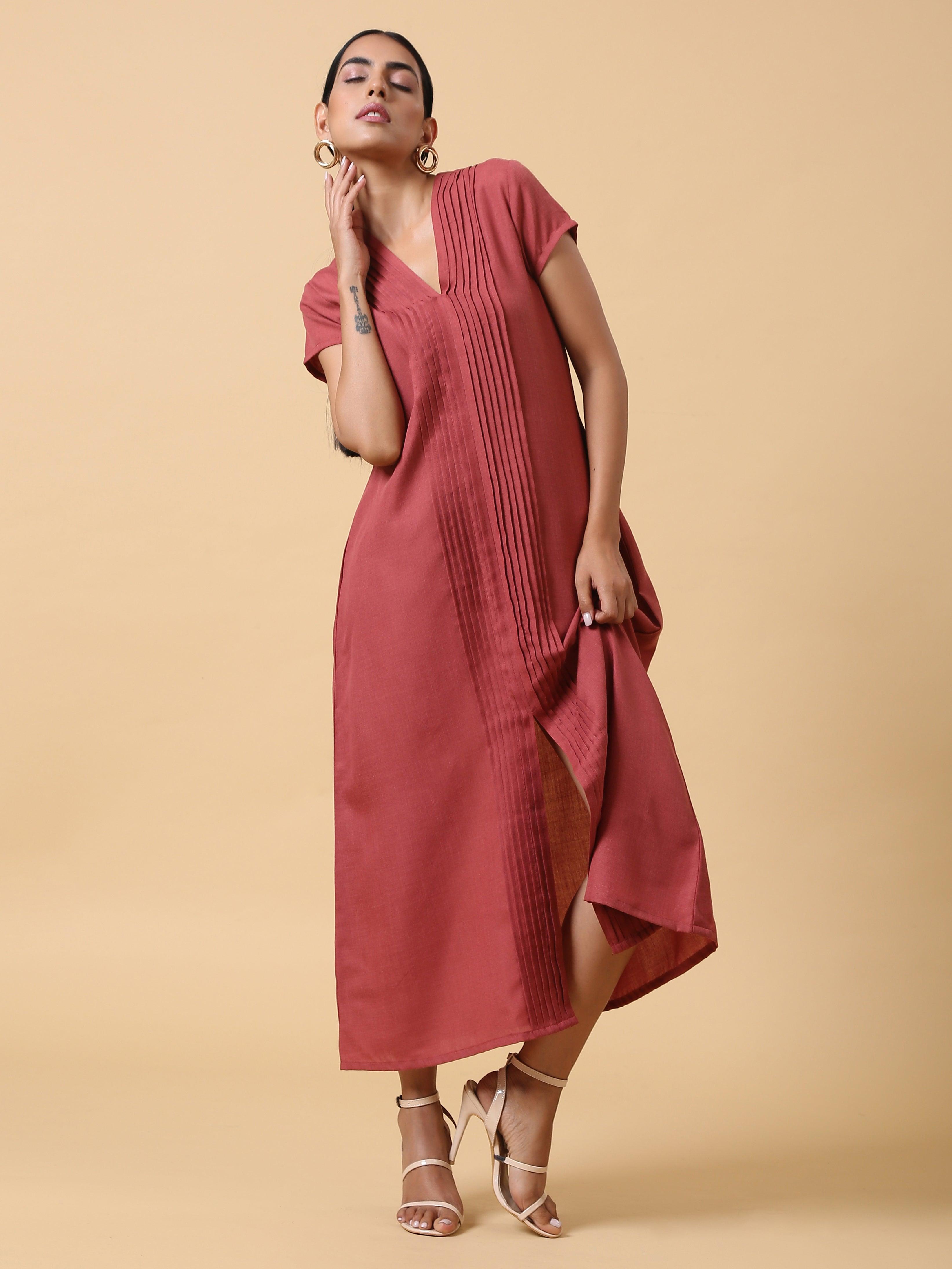 trueBrowns Cotton Linen Rust Red Pleated Dress