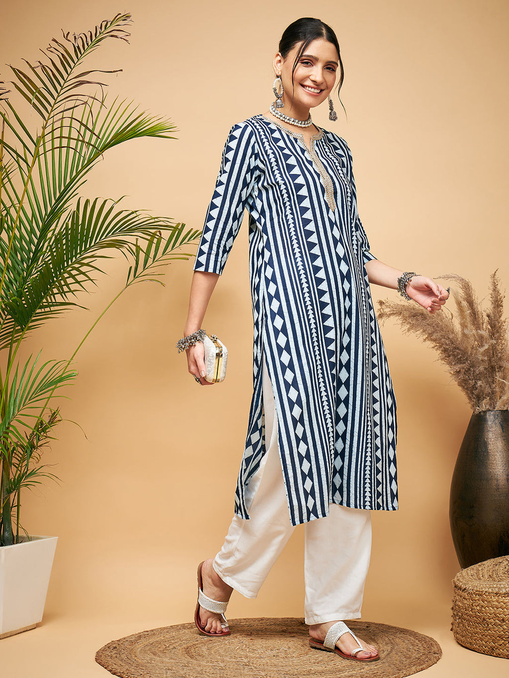 InWeave Women's White Navy Stripe Print Gota Straight Kurta
