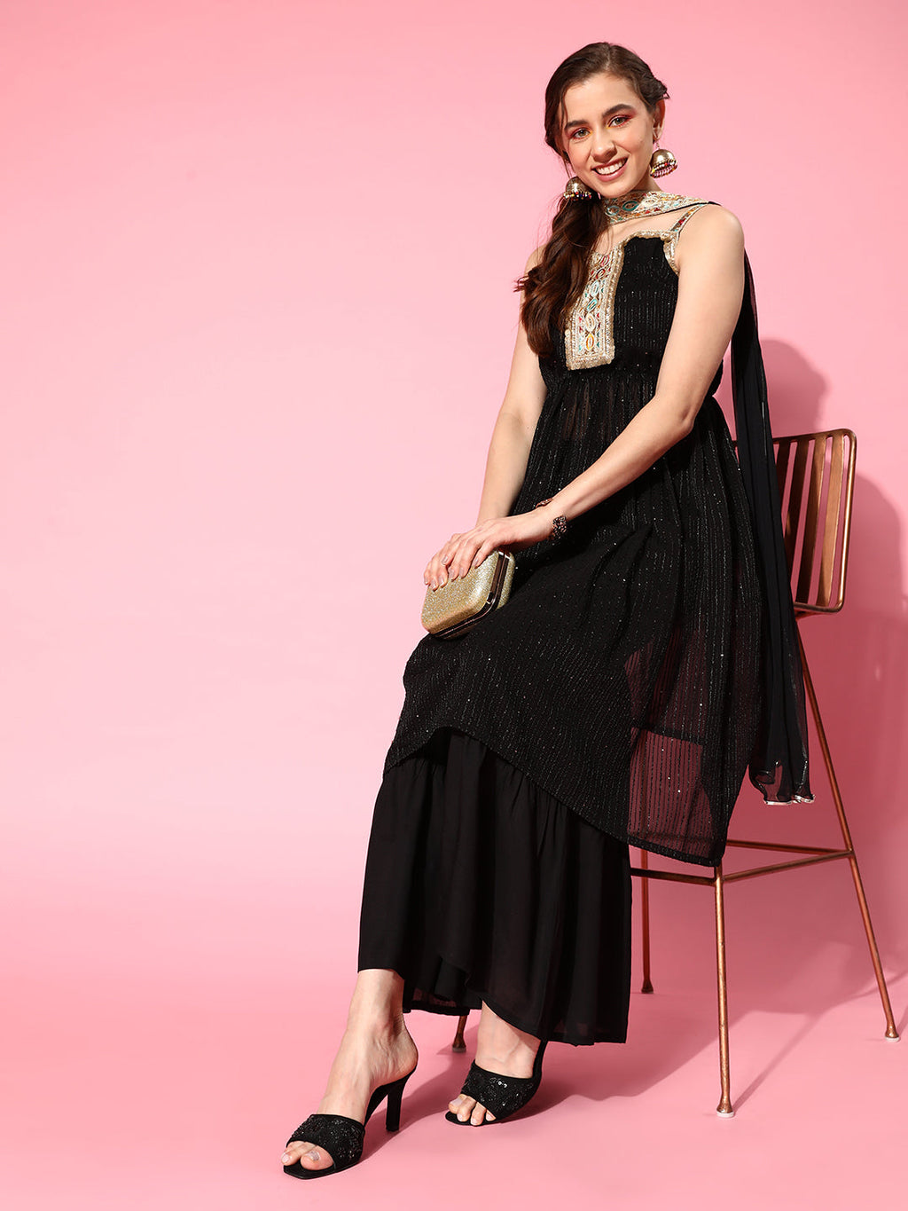 InWeave Women's Black Gota Insert Neckline Sharara Set