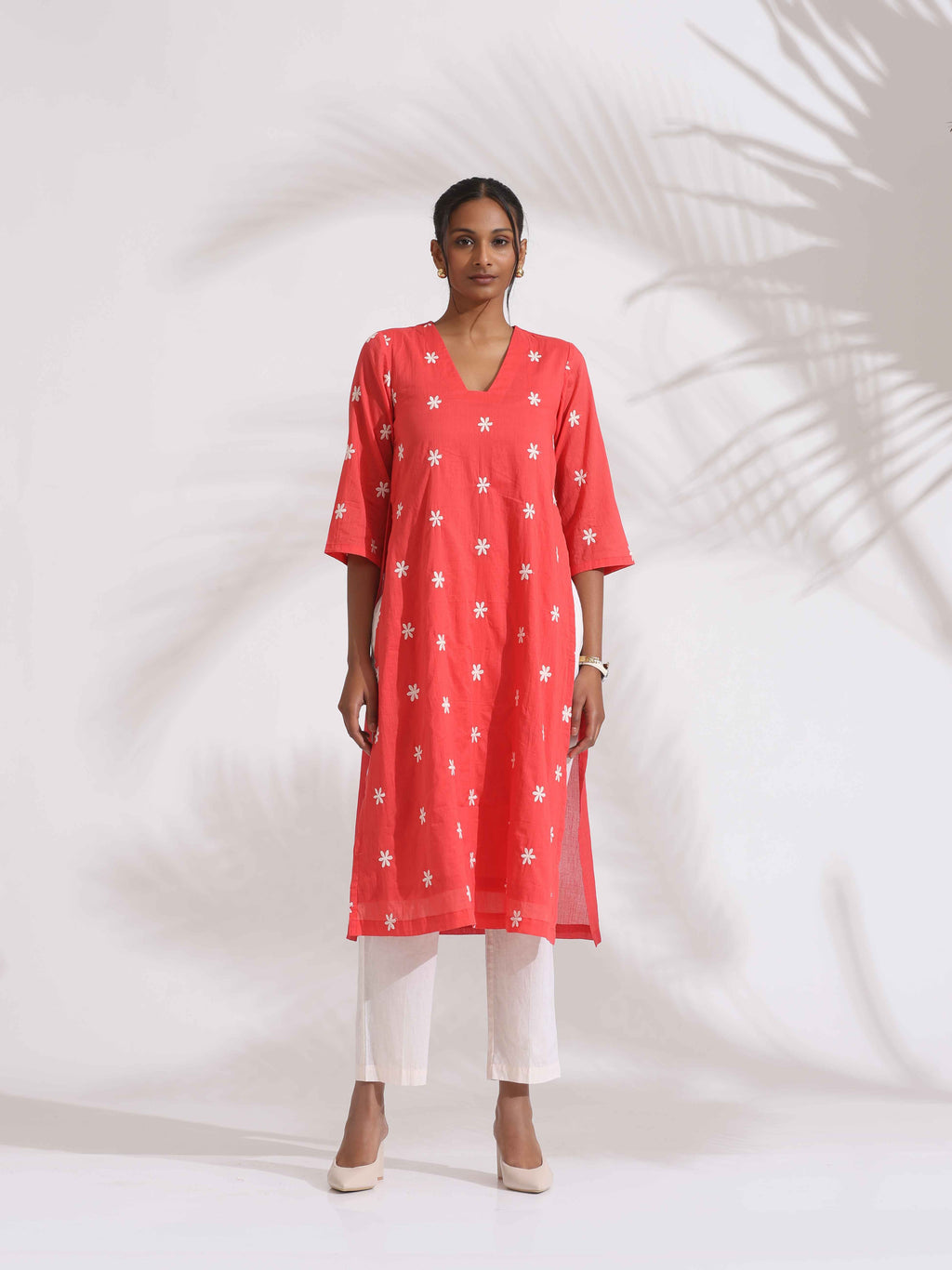 trueBrowns Orange Cotton Floral Embroidered Kurta Set