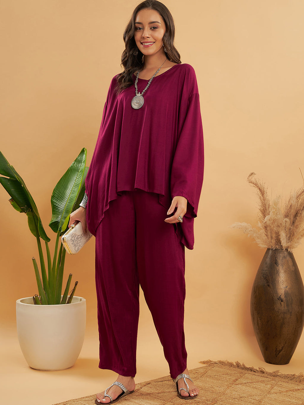 InWeave Women's Jam Wine Solid Boho Full Sleeve Coord Set