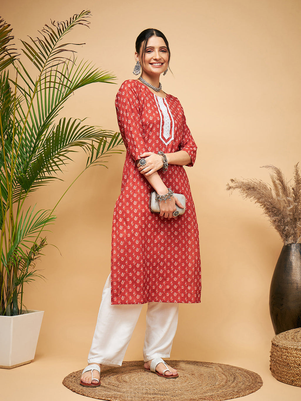 InWeave Women's Rust Small Floral Print Lace Straight Kurta Pant Set