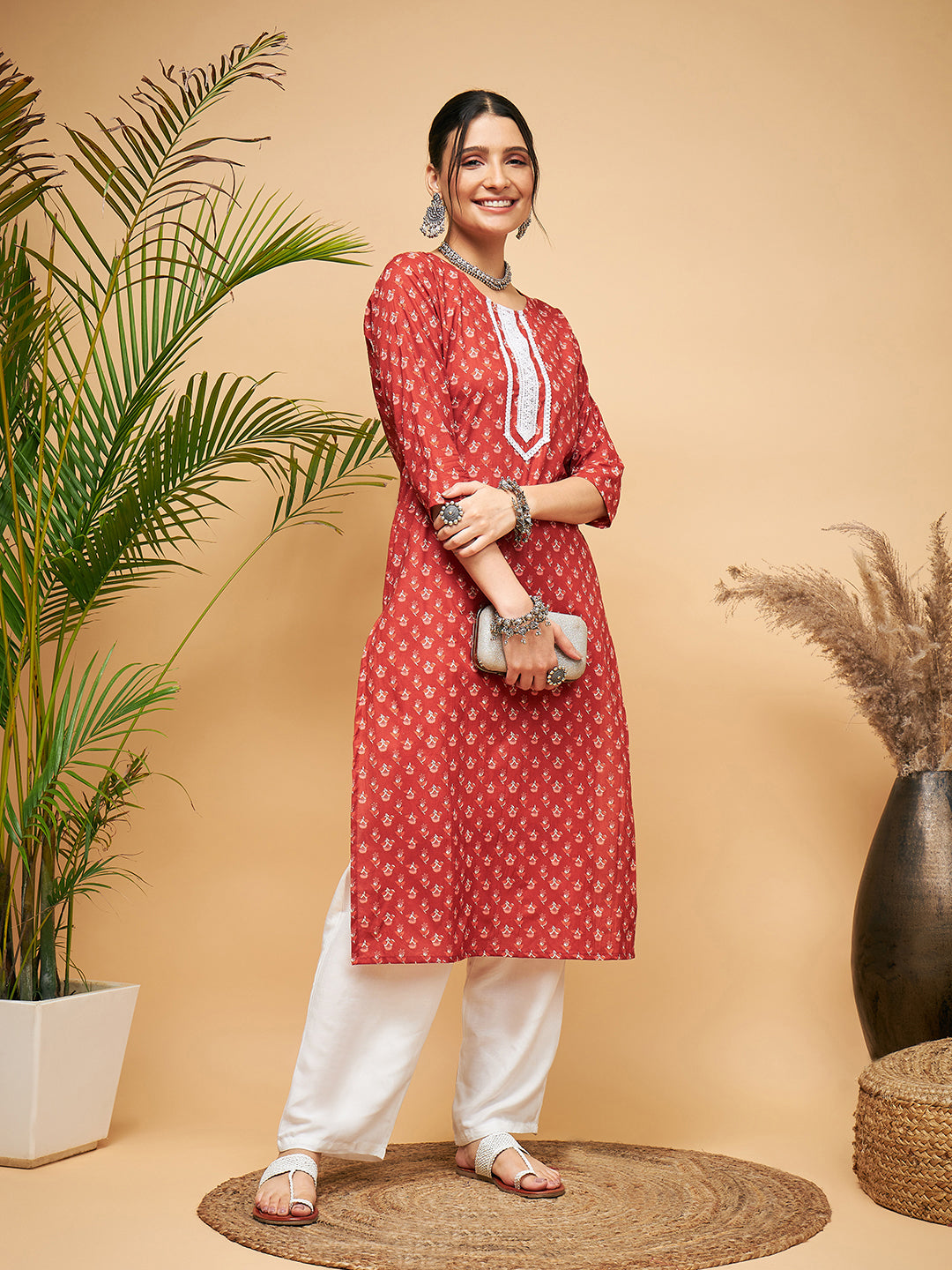 InWeave Women's Rust Small Floral Print Lace Straight Kurta Pant Set