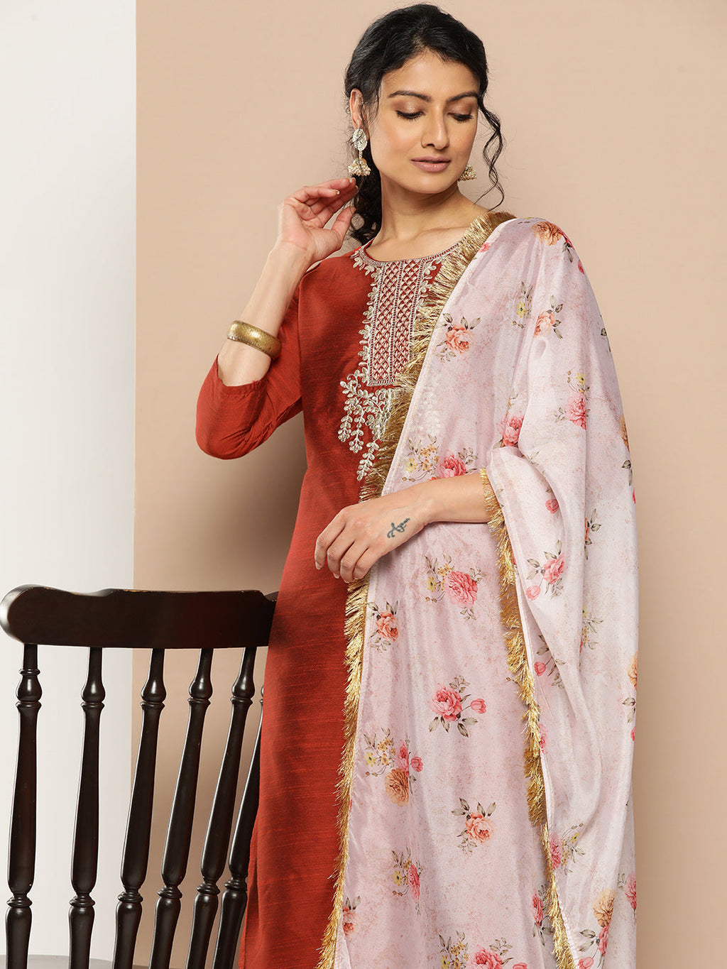 KSUT (House of Varanga) Embroidered Kurta Paired With Pant And Printed Dupatta With Zari Fringes