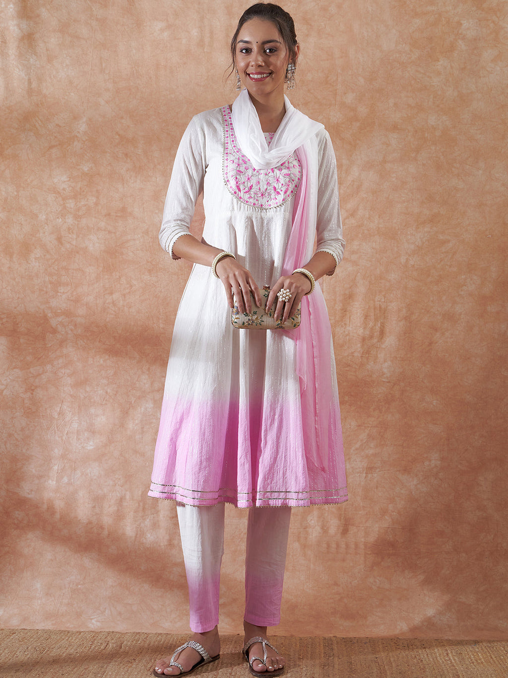 InWeave Women's White Lurex Pink Dye Patch Gota Anarkali Kurta Set W Dupatta