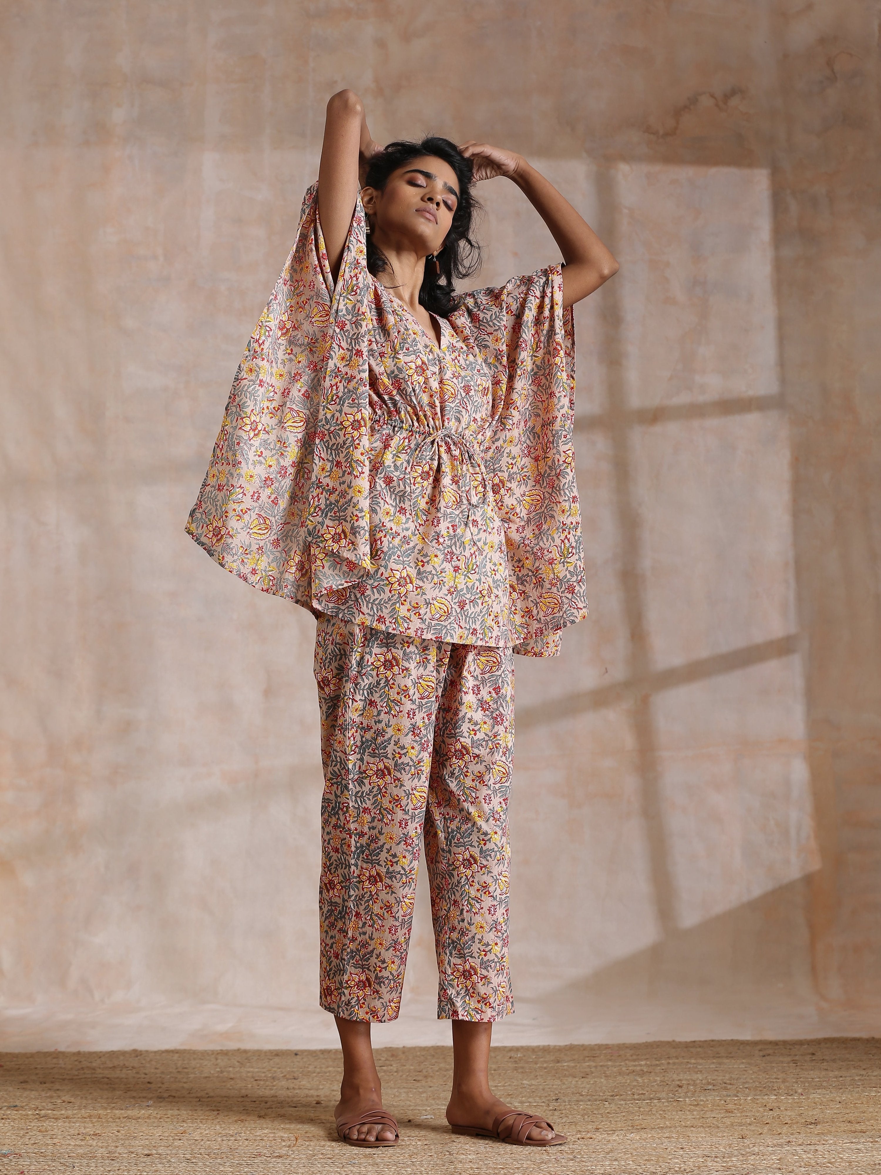 trueBrowns Multicolor Beige Overall Floral Block Print Cotton Kaftan Co-Ord Set
