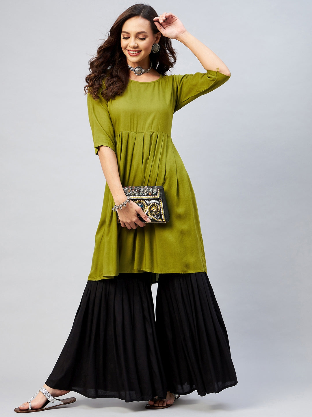 InWeave Women's Olive Short Anarkali Kurta